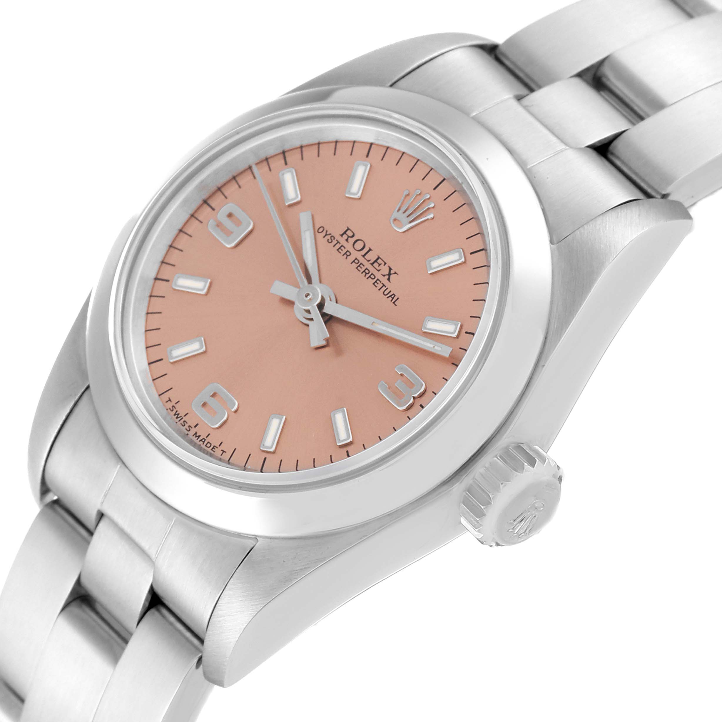 This image shows a side angle of a Rolex Oyster Perpetual 67180 Women's Stainless Steel Pink Dial 67180 Women's Stainless Steel Pink Dial watch, highlighting the pink dial, bracelet, and crown.