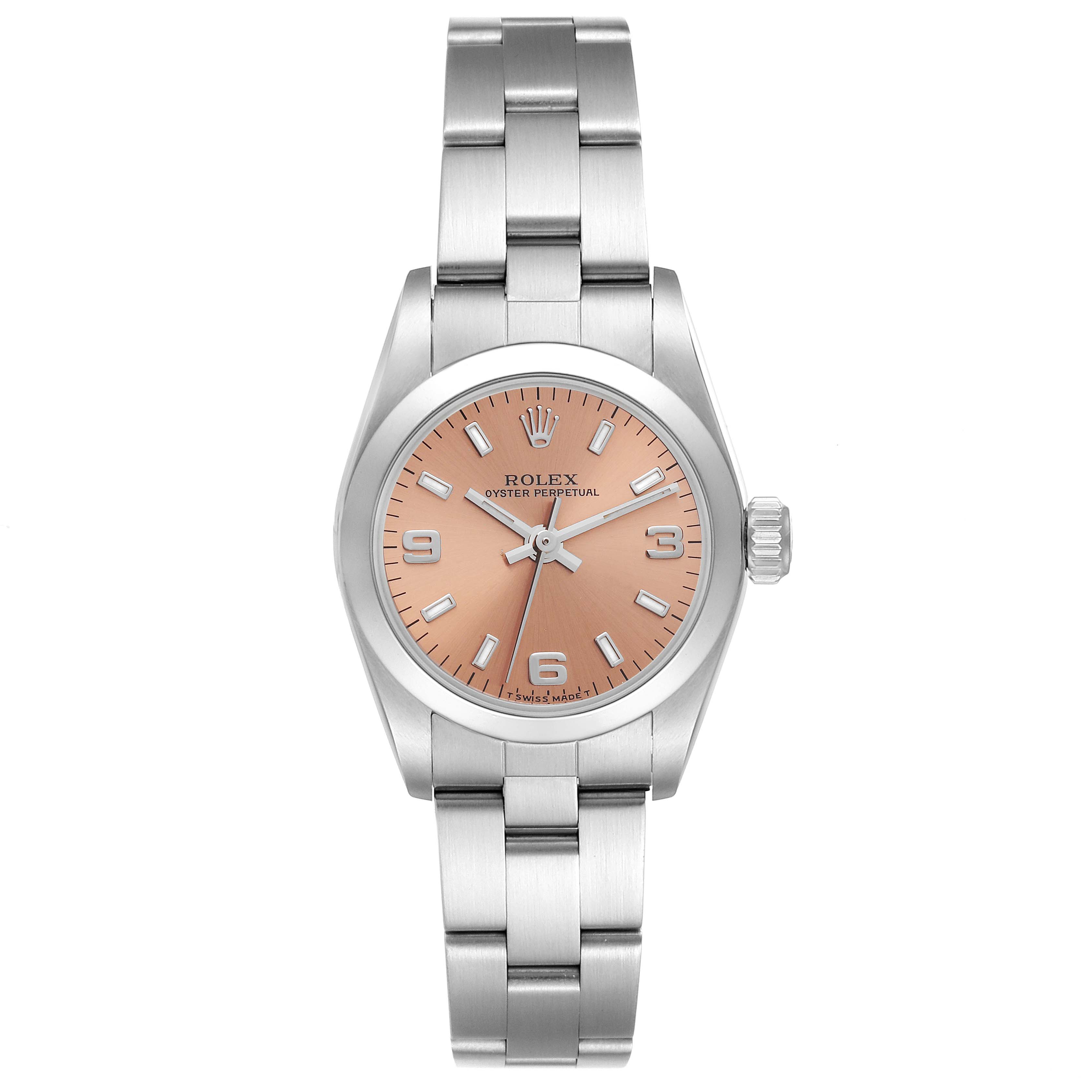 This image shows a front view of a Rolex Oyster Perpetual 67180 Women's Stainless Steel Pink Dial 67180 Women's Stainless Steel Pink Dial watch with a pink dial and a stainless steel bracelet.