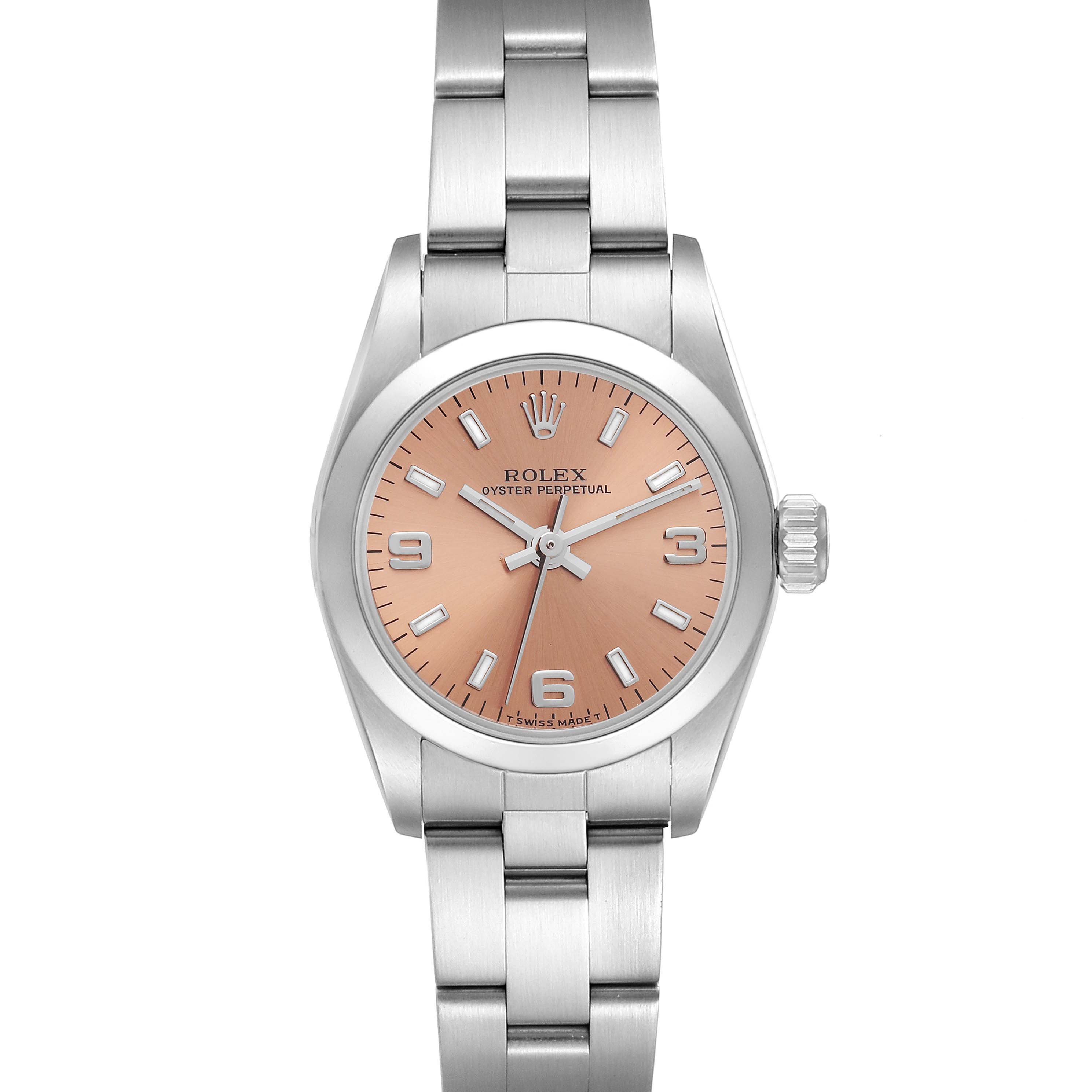 This image shows a front view of the Rolex Oyster Perpetual 67180 Women's Stainless Steel Pink Dial 67180 Women's Stainless Steel Pink Dial watch, highlighting its dial, bezel, and bracelet.