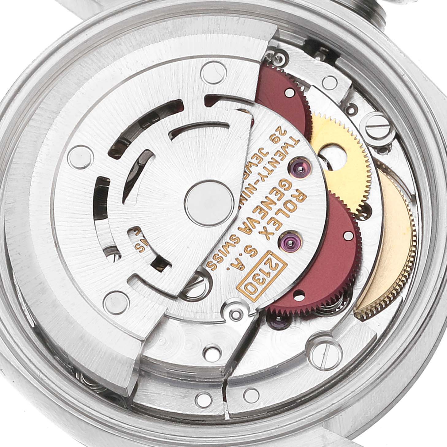 The image shows the internal mechanism and components of a Rolex Oyster Perpetual 67180 Women's Stainless Steel Pink Dial 67180 Women's Stainless Steel Pink Dial watch from a top-down angle.