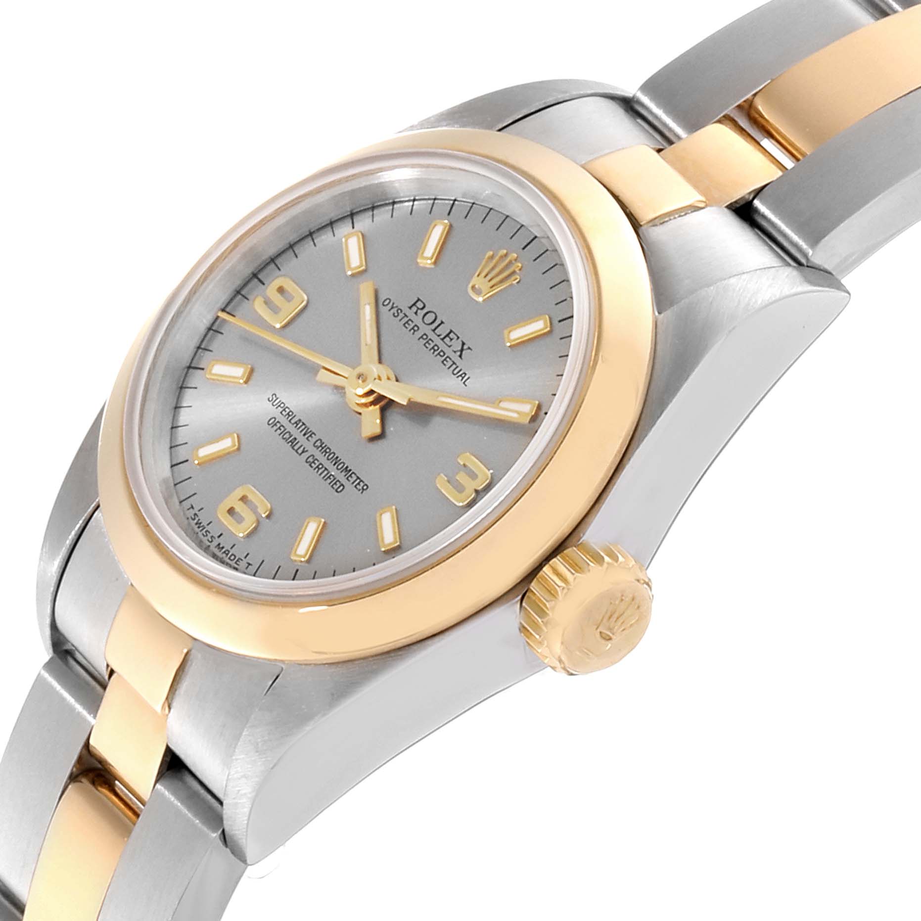 The Rolex Datejust 67183 Women
s Steel and Gold (two tone) Grey Dial 67183 Women
s Steel and Gold (two tone) Grey Dial watch is shown at an angle, highlighting its dial, crown, and two-tone bracelet.