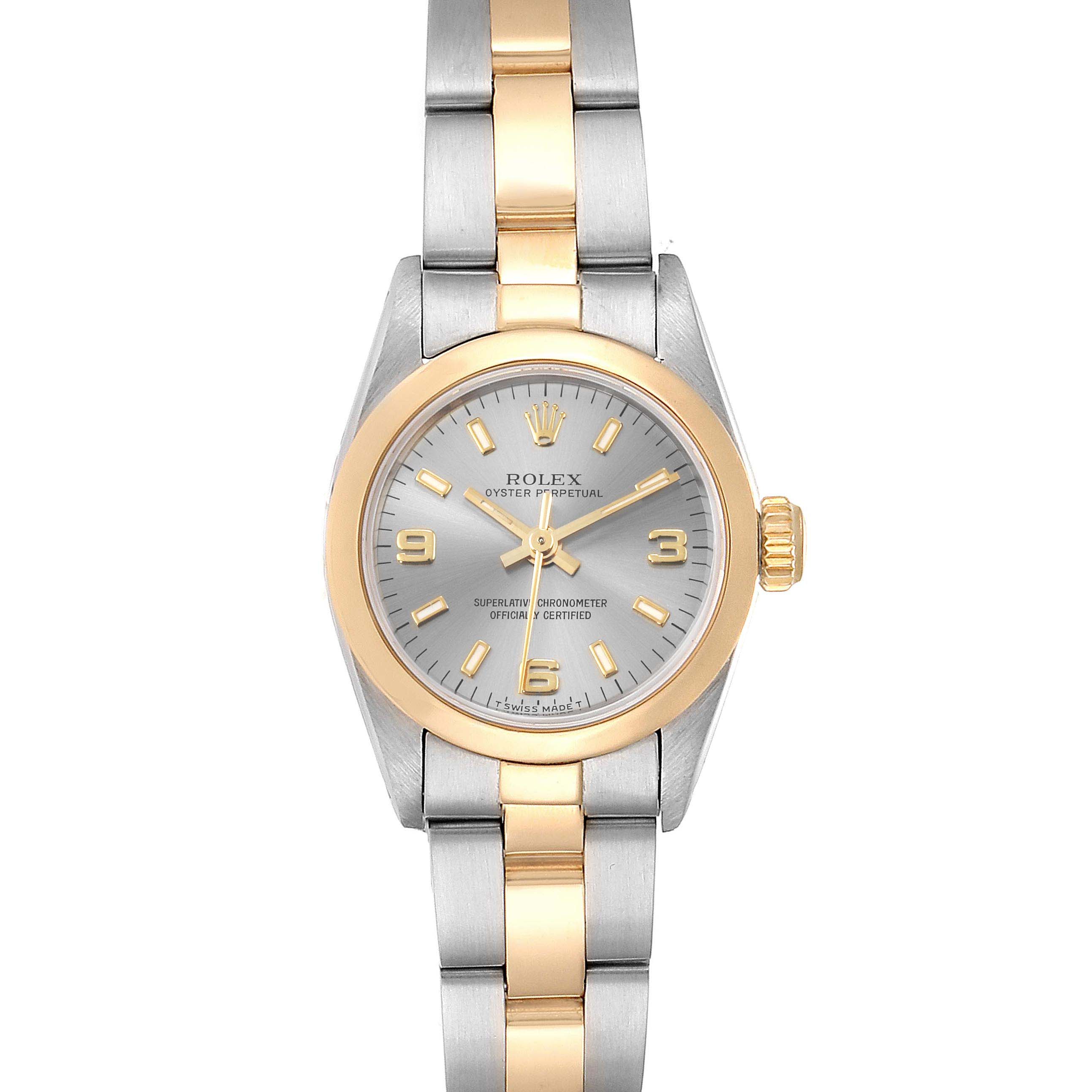 This image shows a front view of a Rolex Datejust 67183 Women
s Steel and Gold (two tone) Grey Dial 67183 Women
s Steel and Gold (two tone) Grey Dial watch, highlighting the face, bezel, and two-tone bracelet.