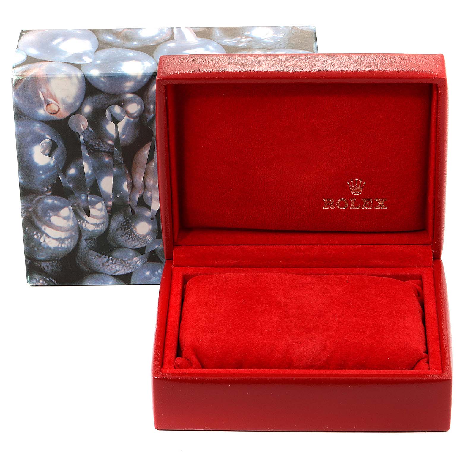 The image shows an empty, open red Rolex Datejust 67183 Women
s Steel and Gold (two tone) Grey Dial 67183 Women
s Steel and Gold (two tone) Grey Dial watch box, with the brand
s logo on the inside lid.