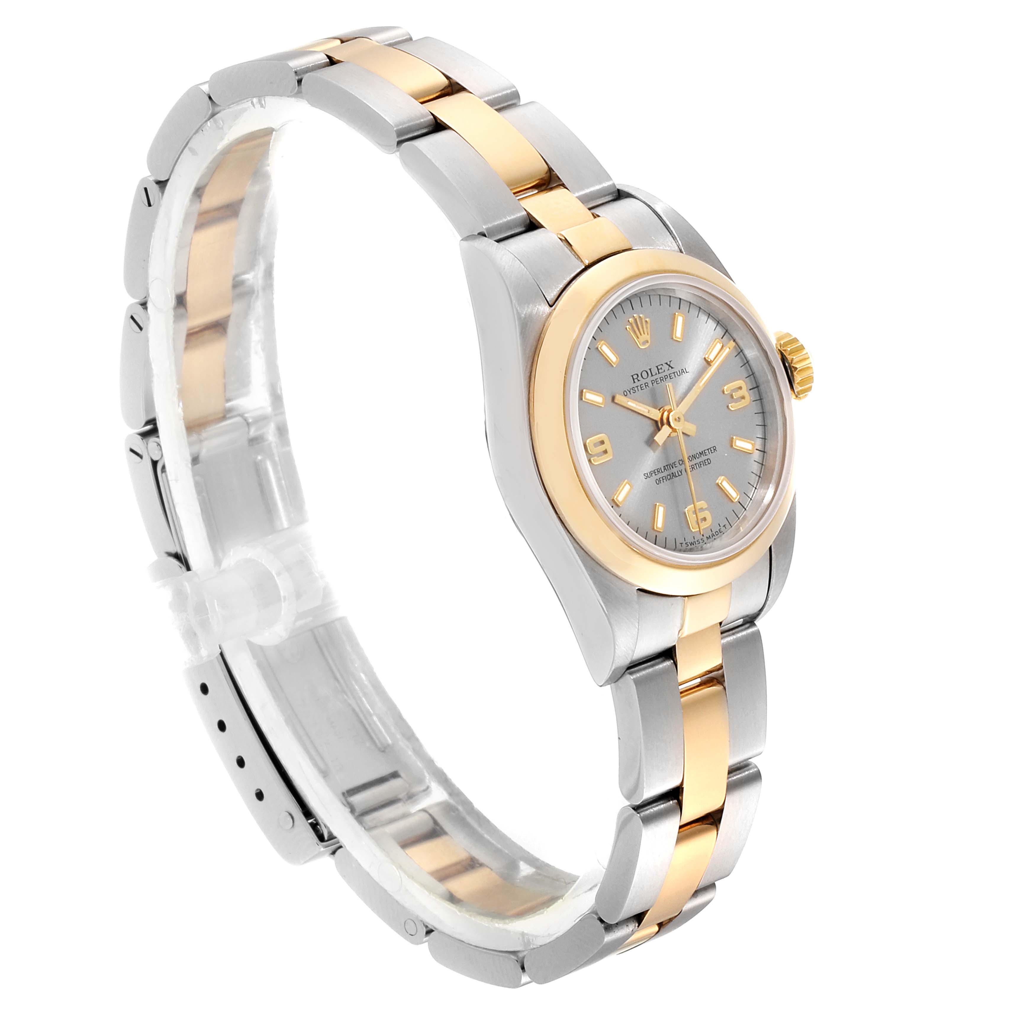 The image shows a Rolex Datejust 67183 Women
s Steel and Gold (two tone) Grey Dial 67183 Women
s Steel and Gold (two tone) Grey Dial watch at a side angle, highlighting its two-tone bracelet, dial, and crown.