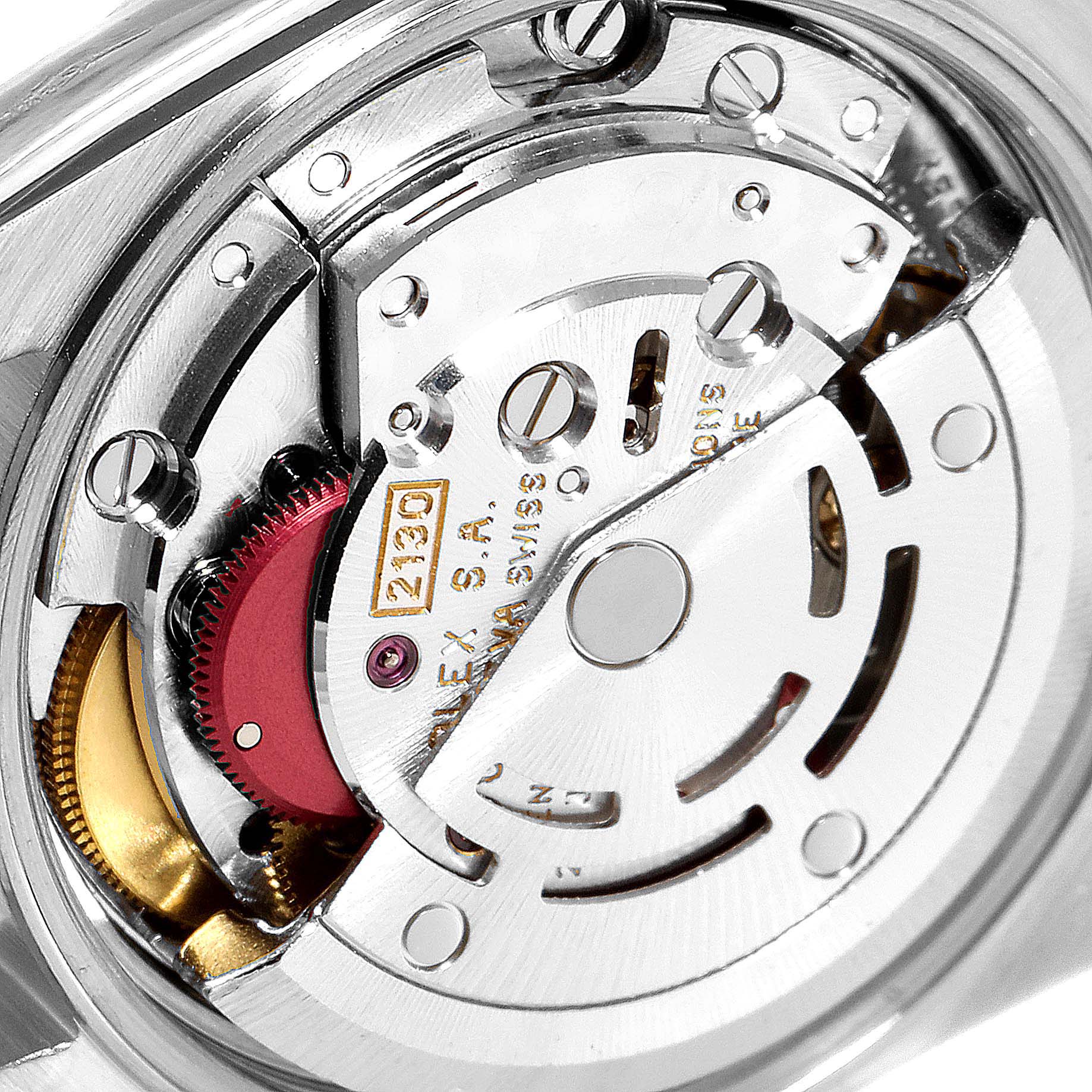The image shows the internal movement mechanism of the Rolex Datejust 67183 Women
s Steel and Gold (two tone) Grey Dial 67183 Women
s Steel and Gold (two tone) Grey Dial watch from a close-up, angled view.