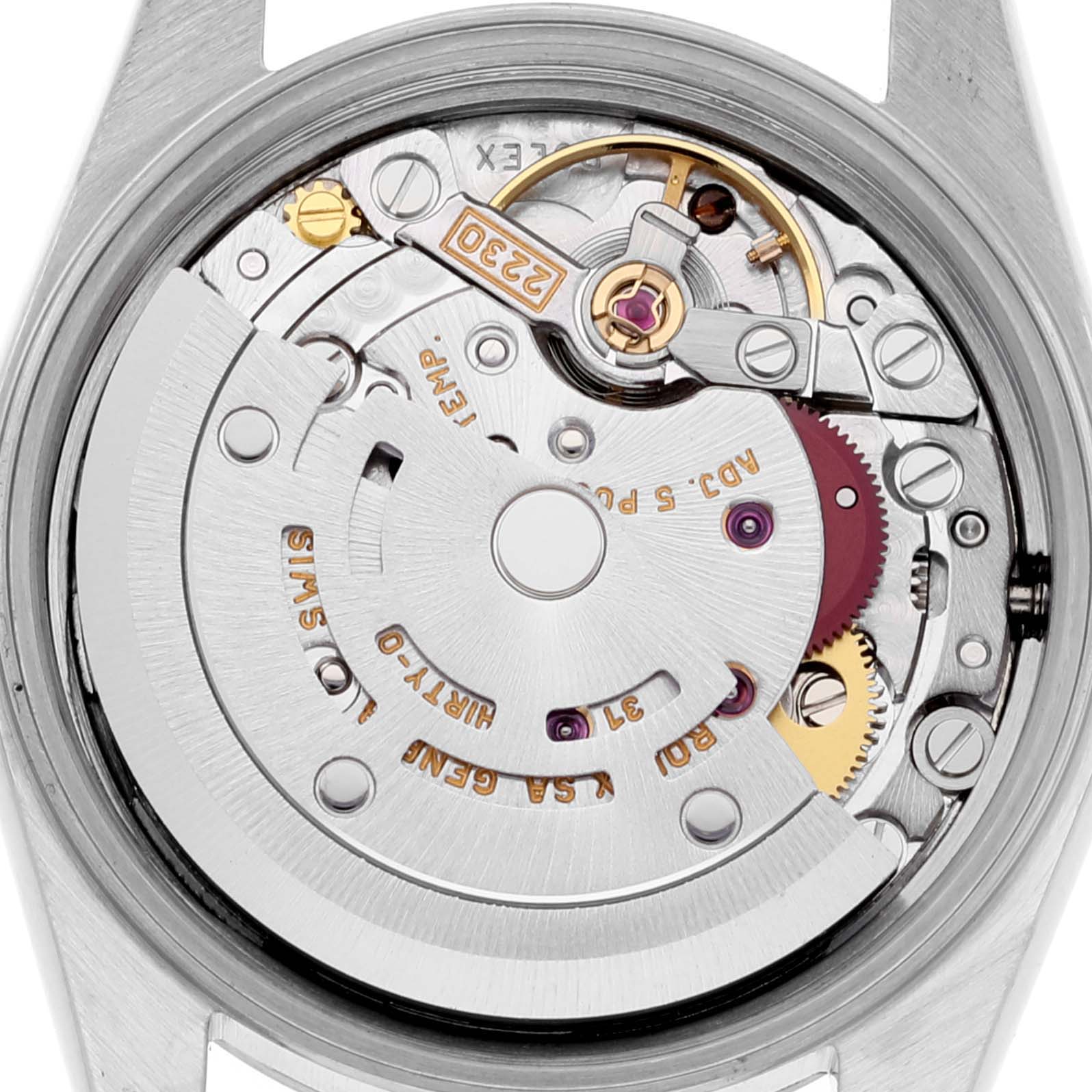 This image shows a close-up view of the movement inside a Rolex Oyster Perpetual 76030 Women's Stainless Steel Pink Dial 76030 Women's Stainless Steel Pink Dial watch.
