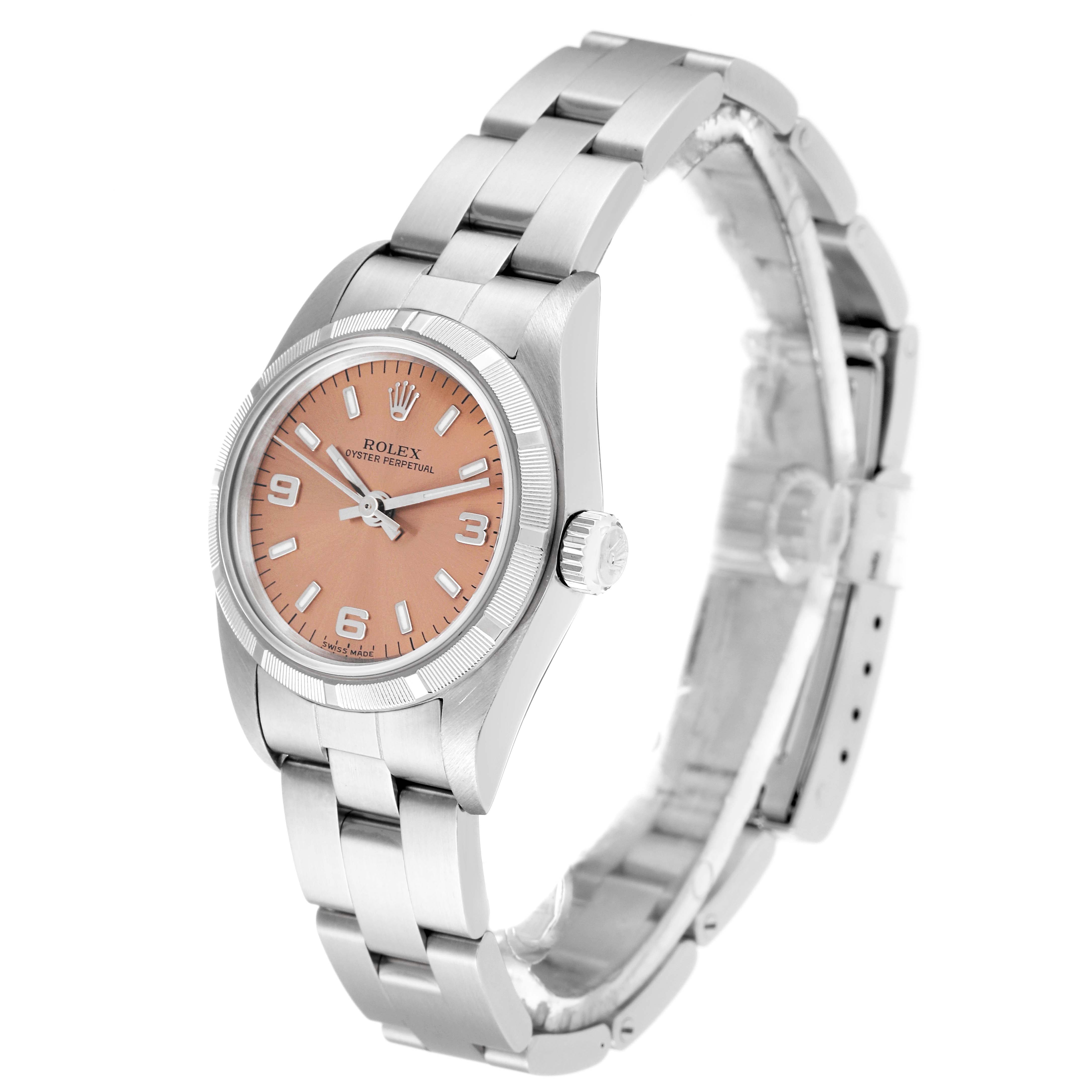 This image shows a Rolex Oyster Perpetual 76030 Women's Stainless Steel Pink Dial 76030 Women's Stainless Steel Pink Dial watch at a slight angle from the front, highlighting the dial, bezel, crown, and bracelet.