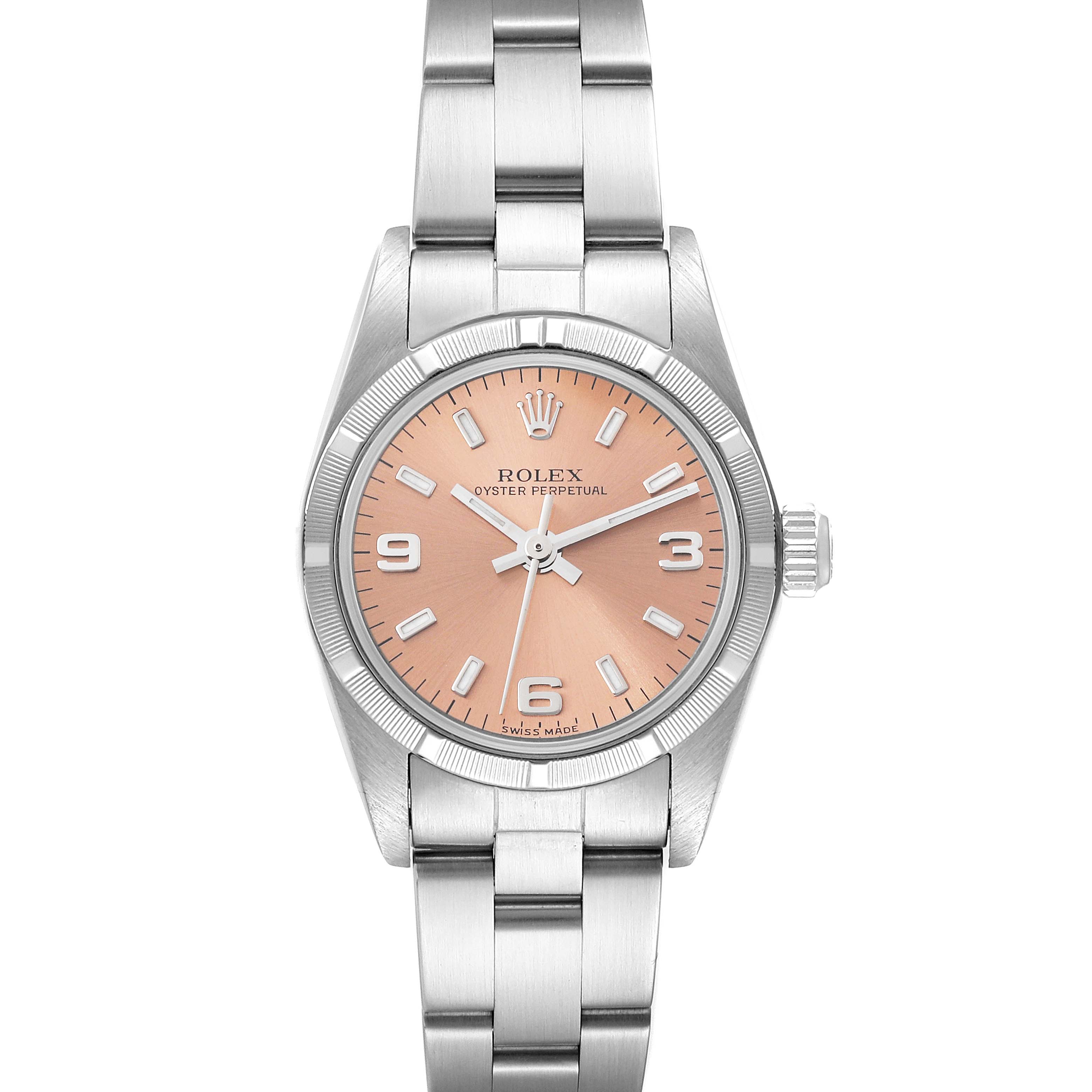 This image shows a front view of the Rolex Oyster Perpetual 76030 Women's Stainless Steel Pink Dial 76030 Women's Stainless Steel Pink Dial watch, featuring its face, bezel, crown, and bracelet.