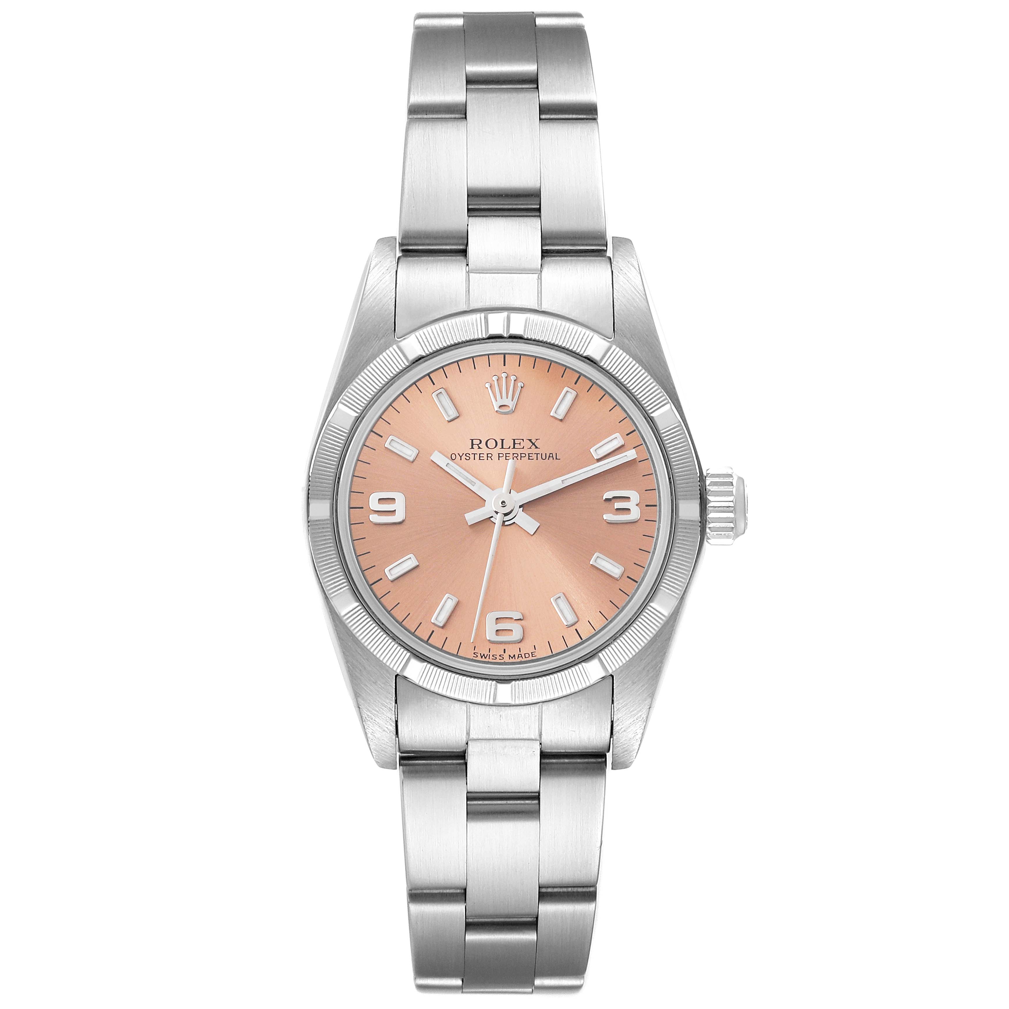 The image shows a Rolex Oyster Perpetual 76030 Women's Stainless Steel Pink Dial 76030 Women's Stainless Steel Pink Dial watch from a top-down angle, displaying the face and entire metal bracelet.