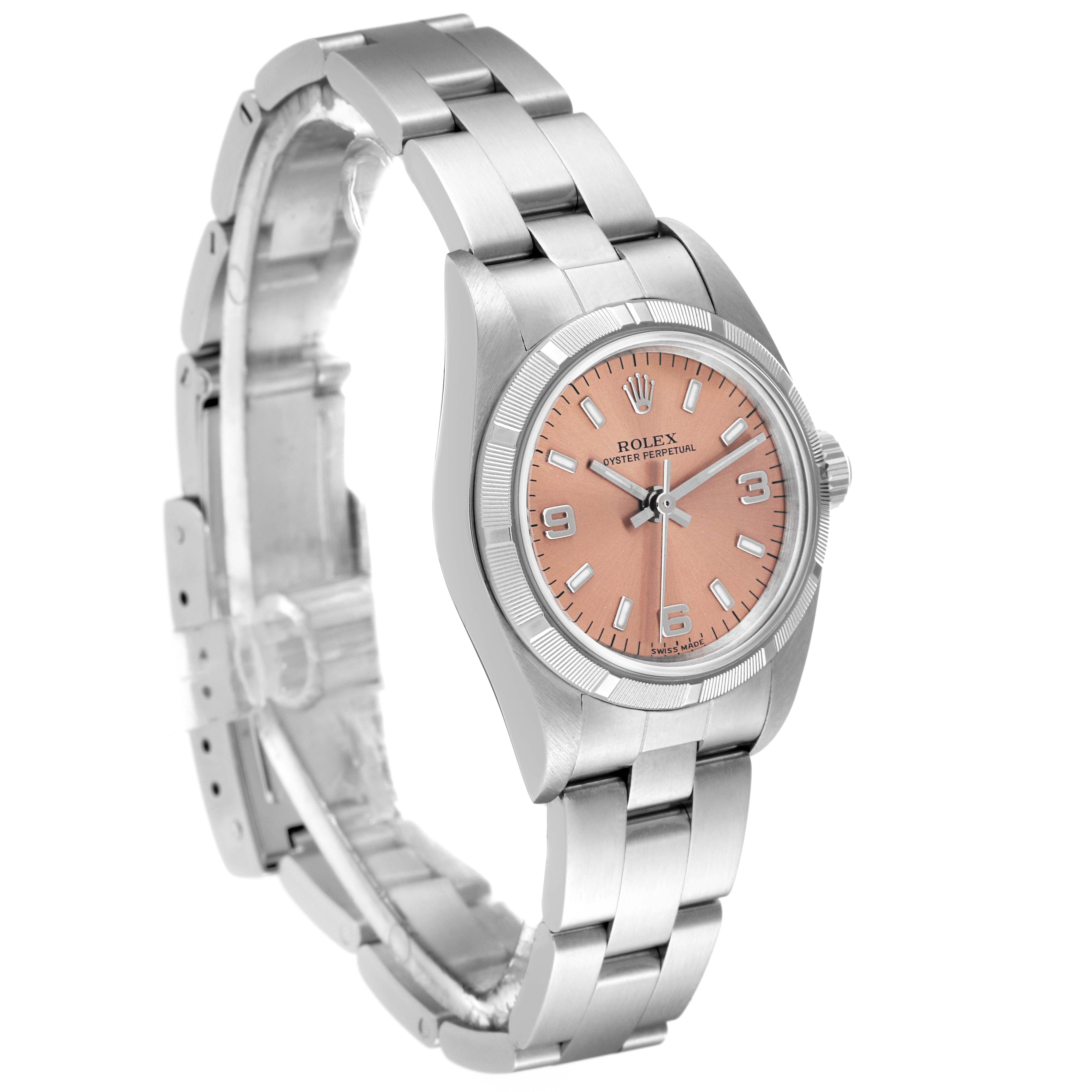 This Rolex Oyster Perpetual 76030 Women's Stainless Steel Pink Dial 76030 Women's Stainless Steel Pink Dial watch is shown at a three-quarter angle, displaying the full face, bezel, and bracelet.