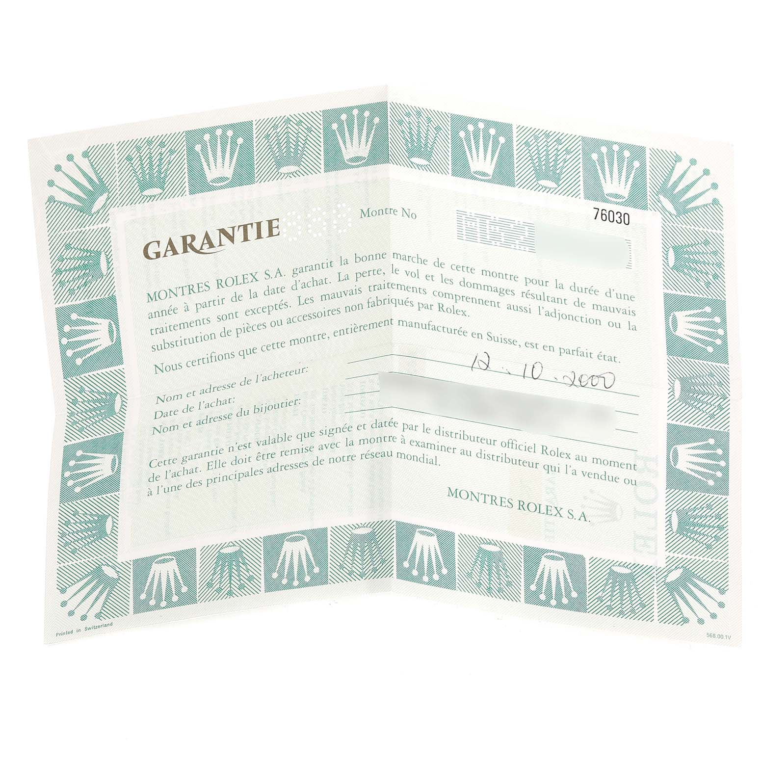 The image shows a warranty certificate for the Rolex Oyster Perpetual 76030 Women's Stainless Steel Pink Dial 76030 Women's Stainless Steel Pink Dial watch.