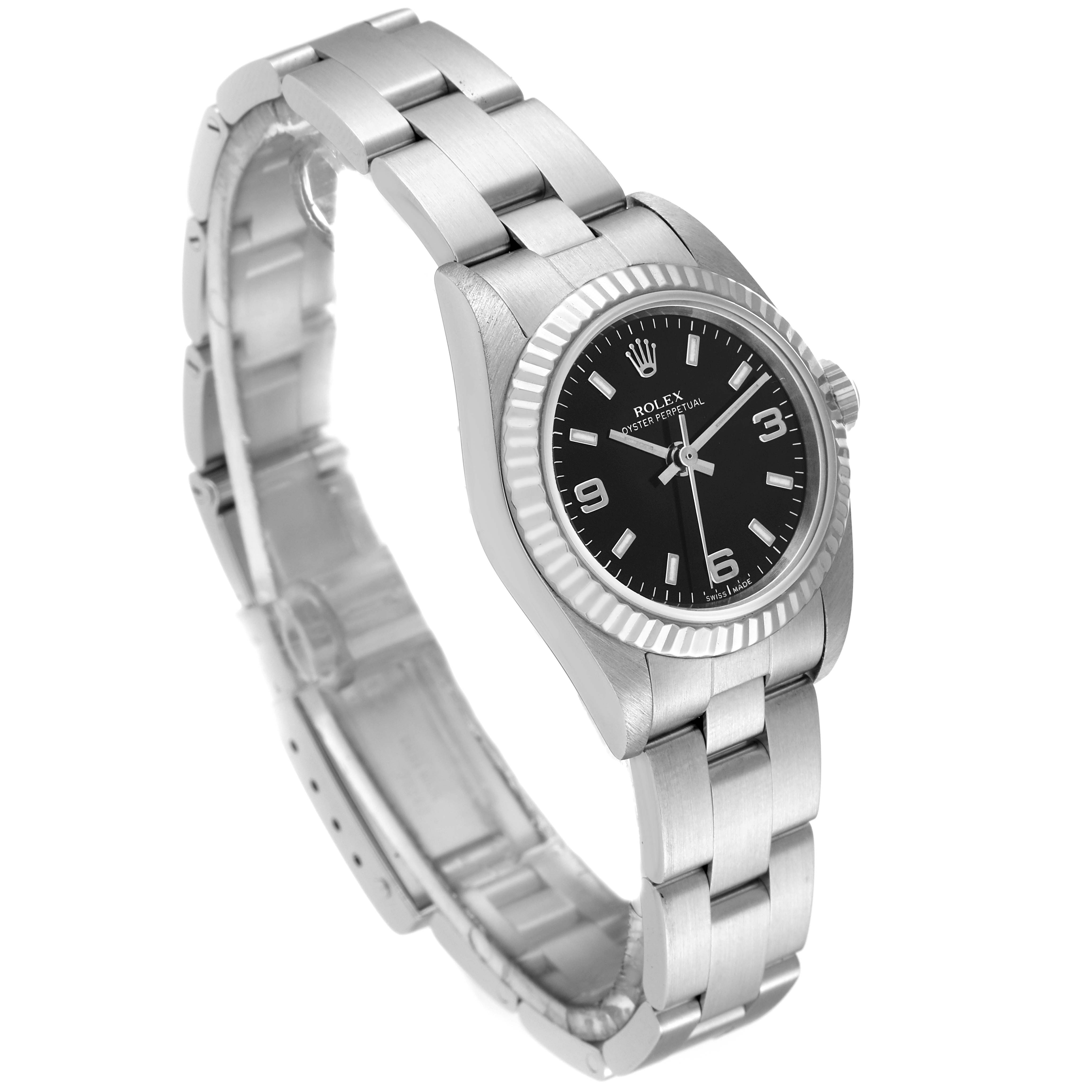 This image shows a side view of the Rolex Oyster Perpetual 76094 Women's Stainless Steel Black Dial 76094 Women's Stainless Steel Black Dial watch, displaying the watch face, case, and bracelet.