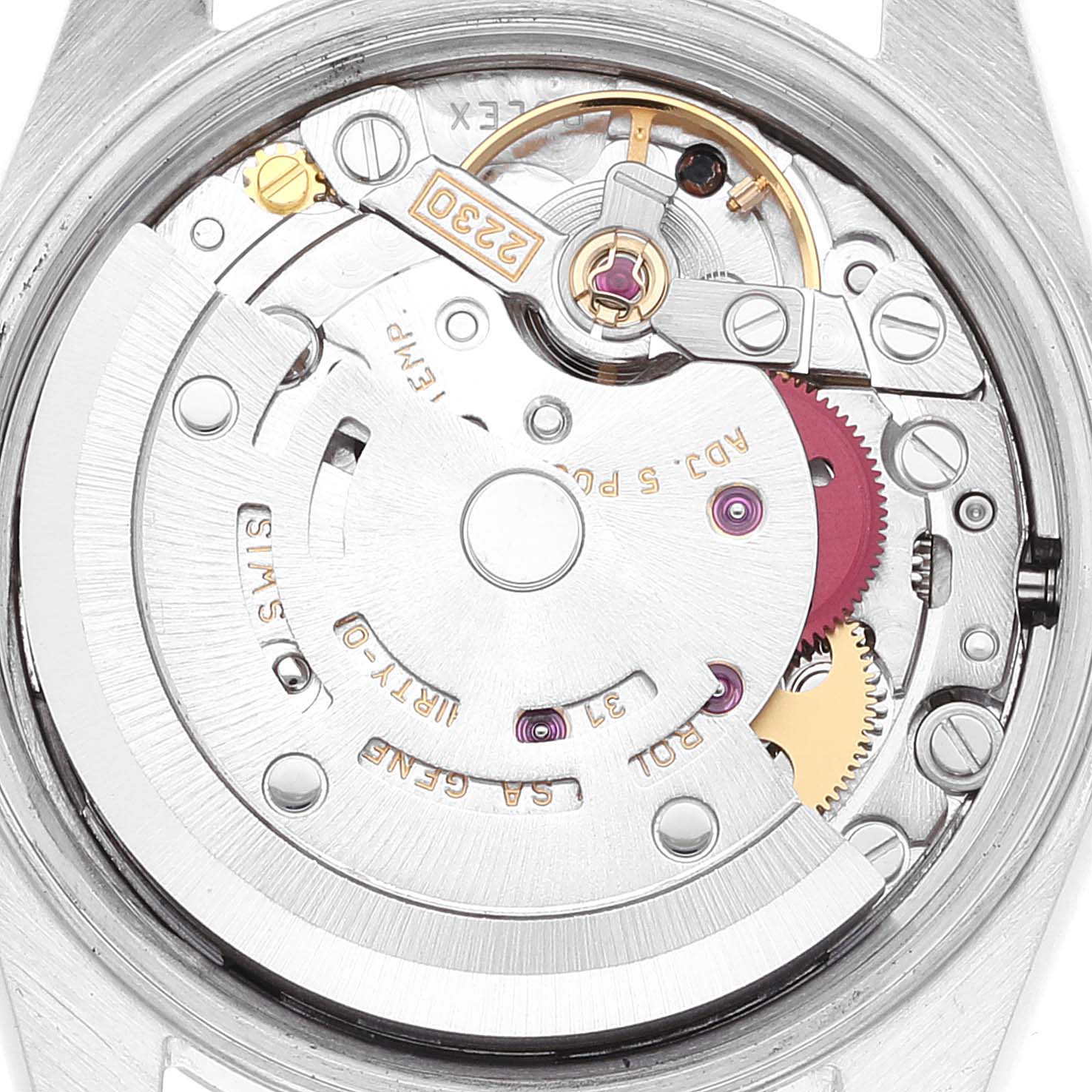This image shows the internal mechanical movement of a Rolex Oyster Perpetual 76094 Women's Stainless Steel Black Dial 76094 Women's Stainless Steel Black Dial model from a close-up angle.