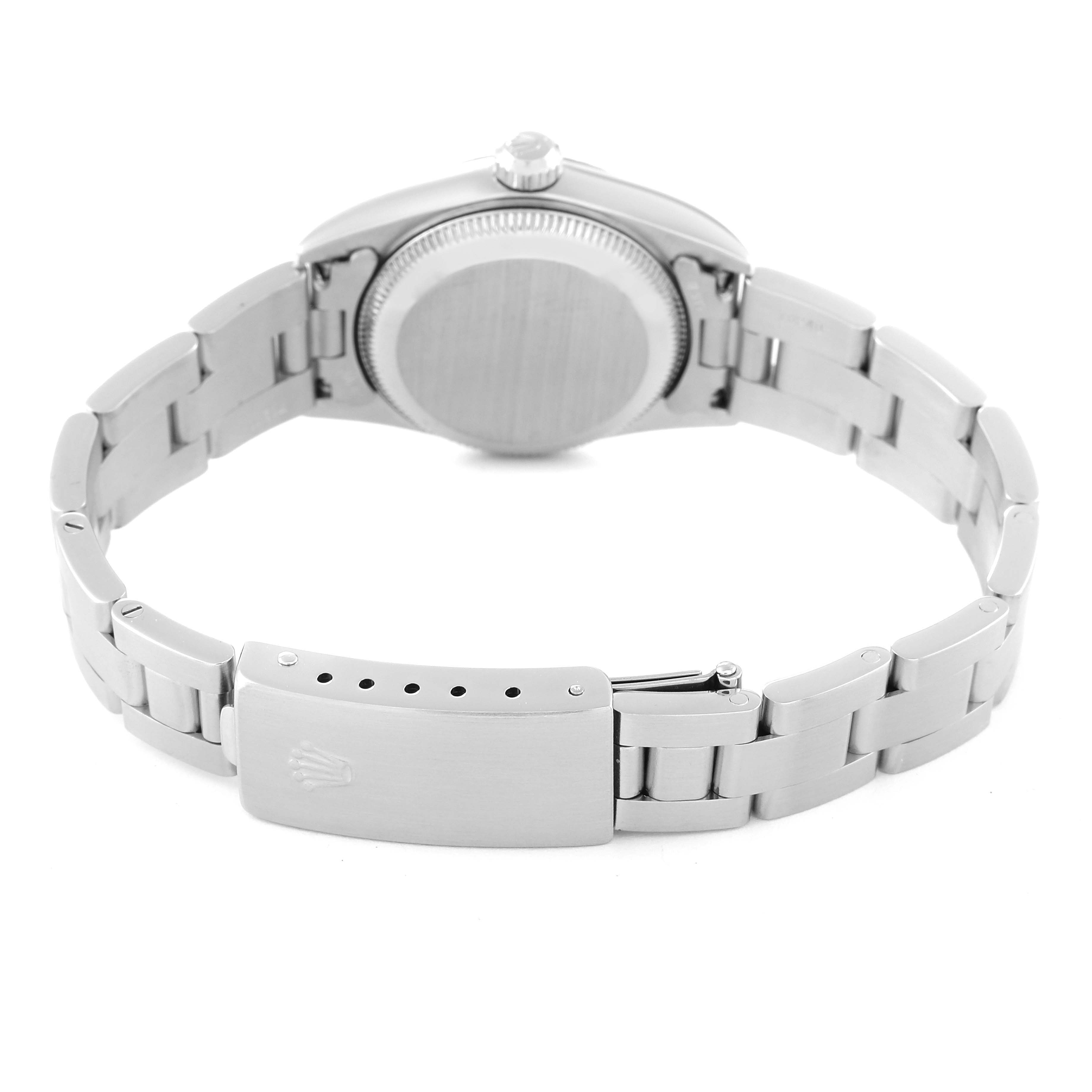 The image shows the Rolex Oyster Perpetual 76094 Women's Stainless Steel Black Dial 76094 Women's Stainless Steel Black Dial watch from a rear angle, highlighting the bracelet and clasp.