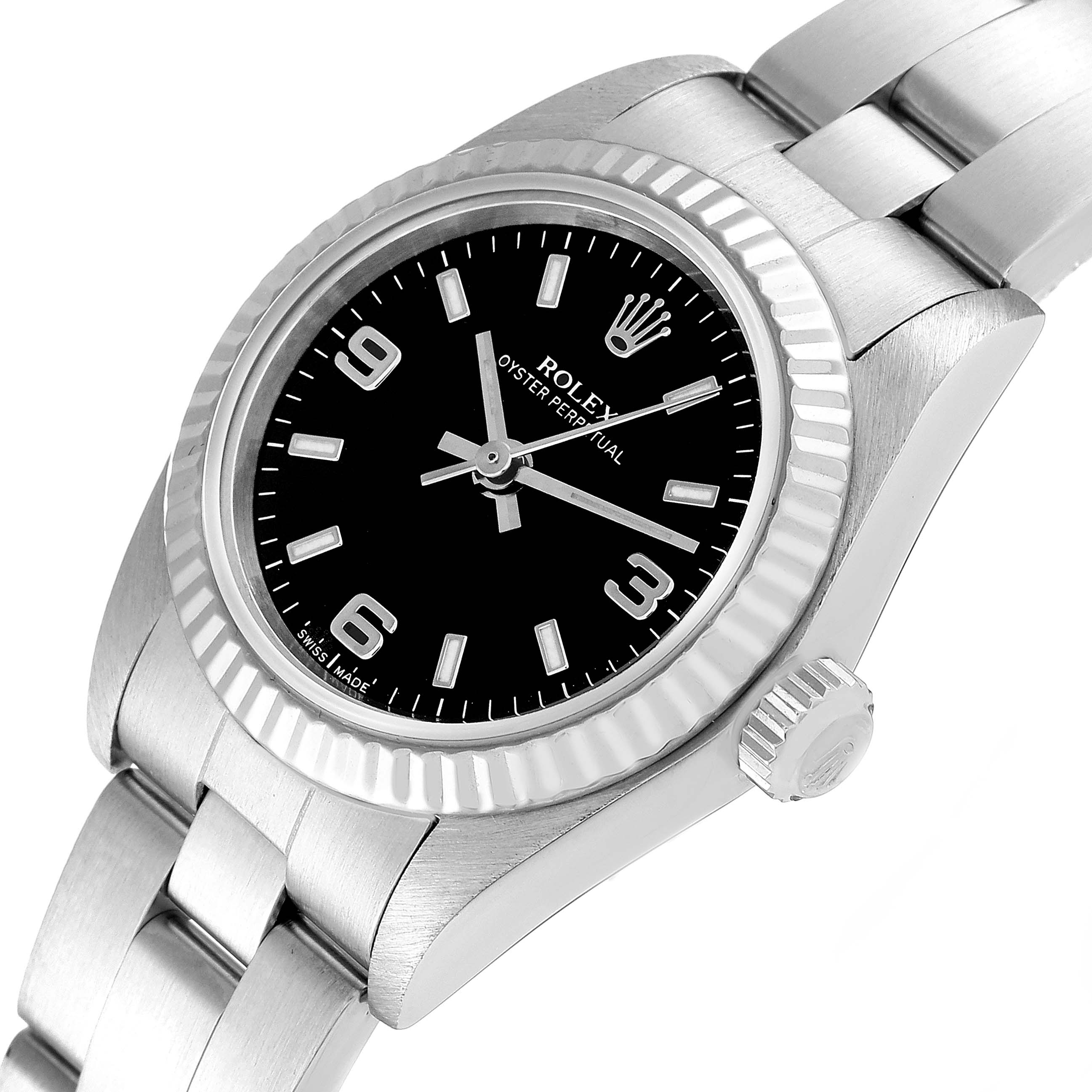 This image shows a close-up angle of a Rolex Oyster Perpetual 76094 Women's Stainless Steel Black Dial 76094 Women's Stainless Steel Black Dial watch, highlighting the dial, bezel, crown, and bracelet.