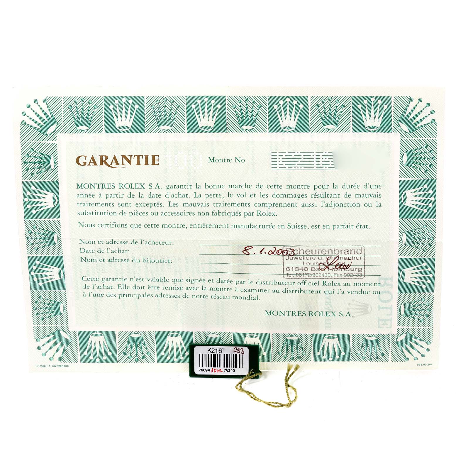 The image shows the warranty certificate and tag for a Rolex Oyster Perpetual 76094 Women's Stainless Steel Black Dial 76094 Women's Stainless Steel Black Dial watch, photographed from a top-down angle.