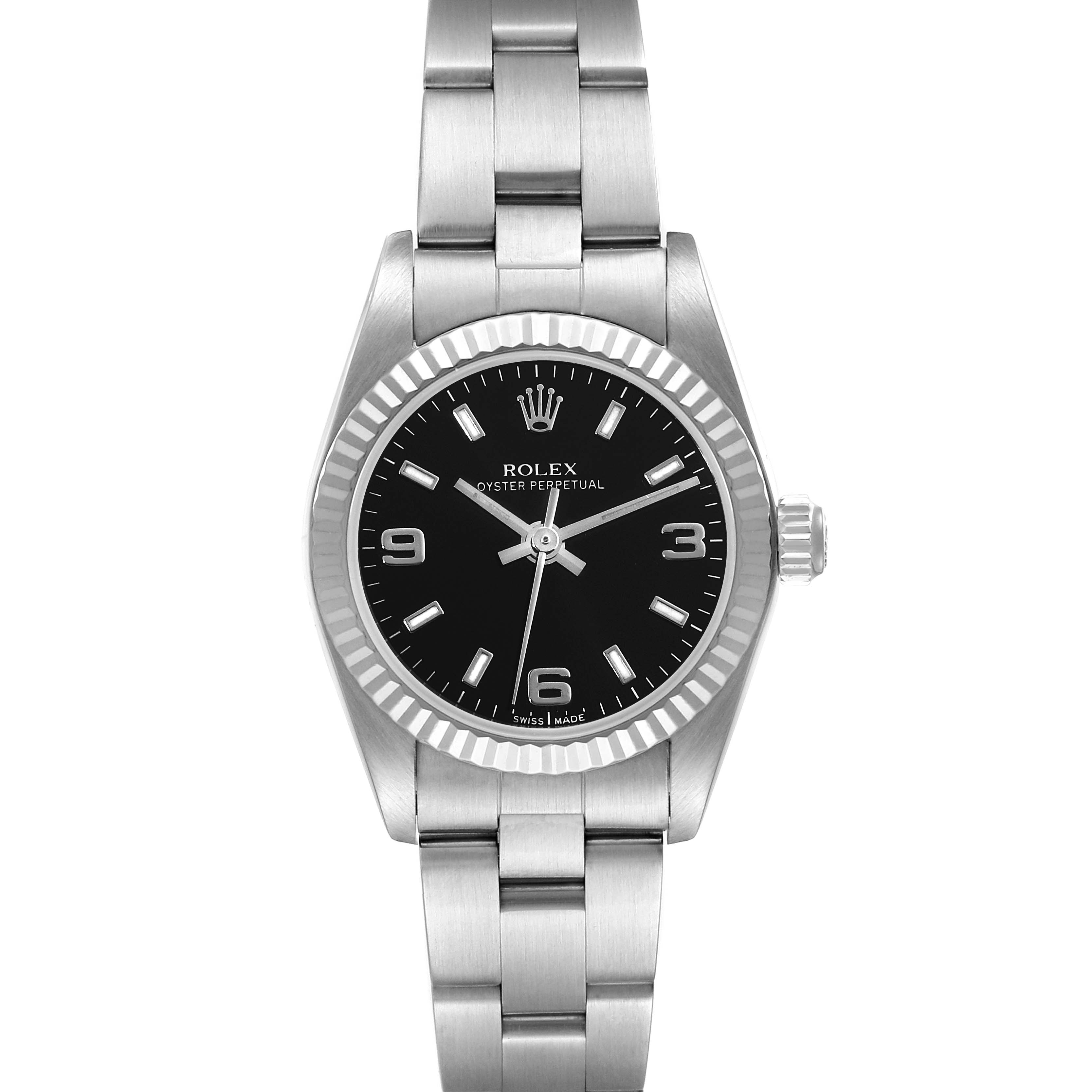 The image shows a front view of a Rolex Oyster Perpetual 76094 Women's Stainless Steel Black Dial 76094 Women's Stainless Steel Black Dial watch, highlighting its black dial and stainless steel bracelet.
