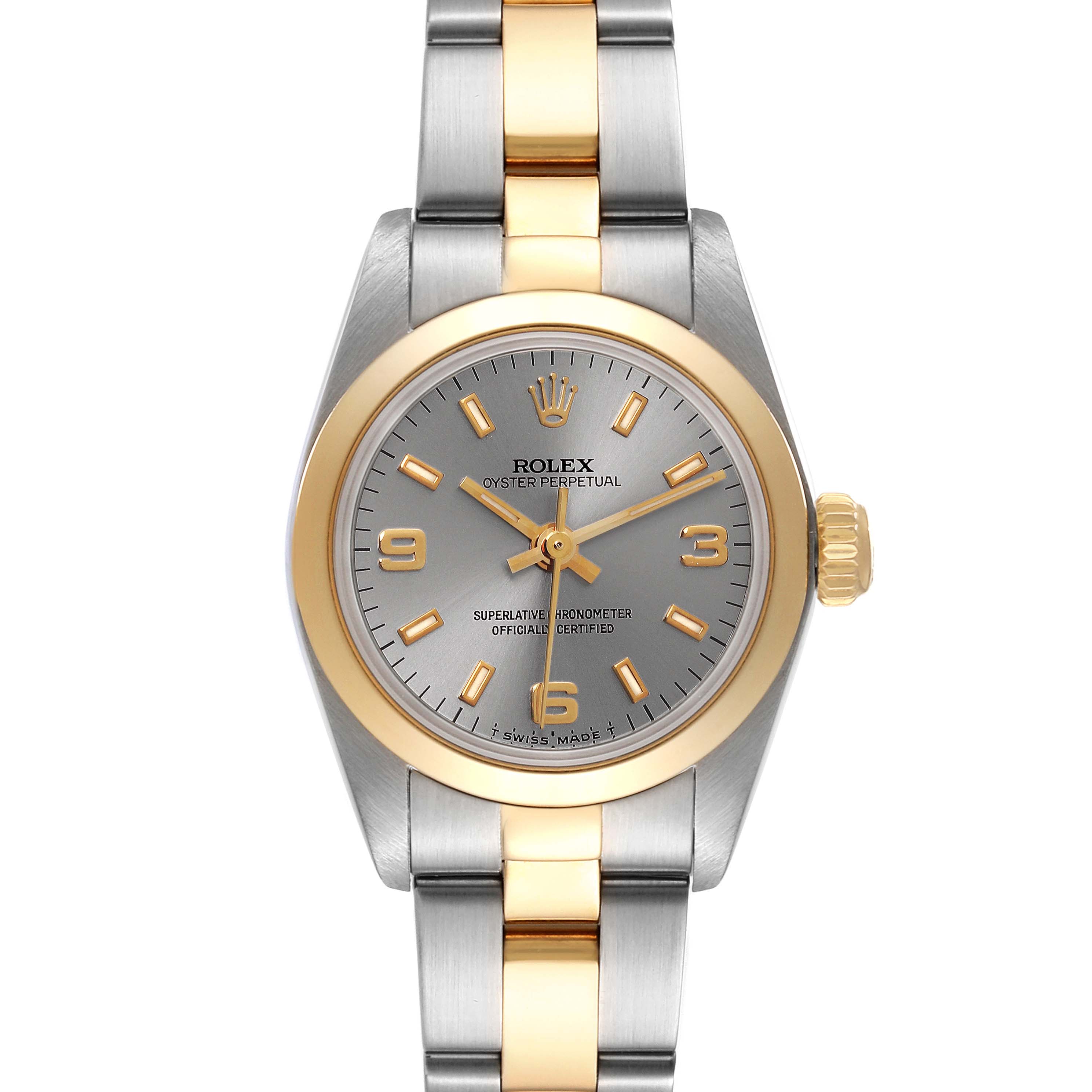 This image shows a frontal view of a Rolex Oyster Perpetual 67183 Women's Steel and Gold (two tone) Silver Dial 67183 Women's Steel and Gold (two tone) Silver Dial watch, highlighting the dial, bezel, and bracelet.