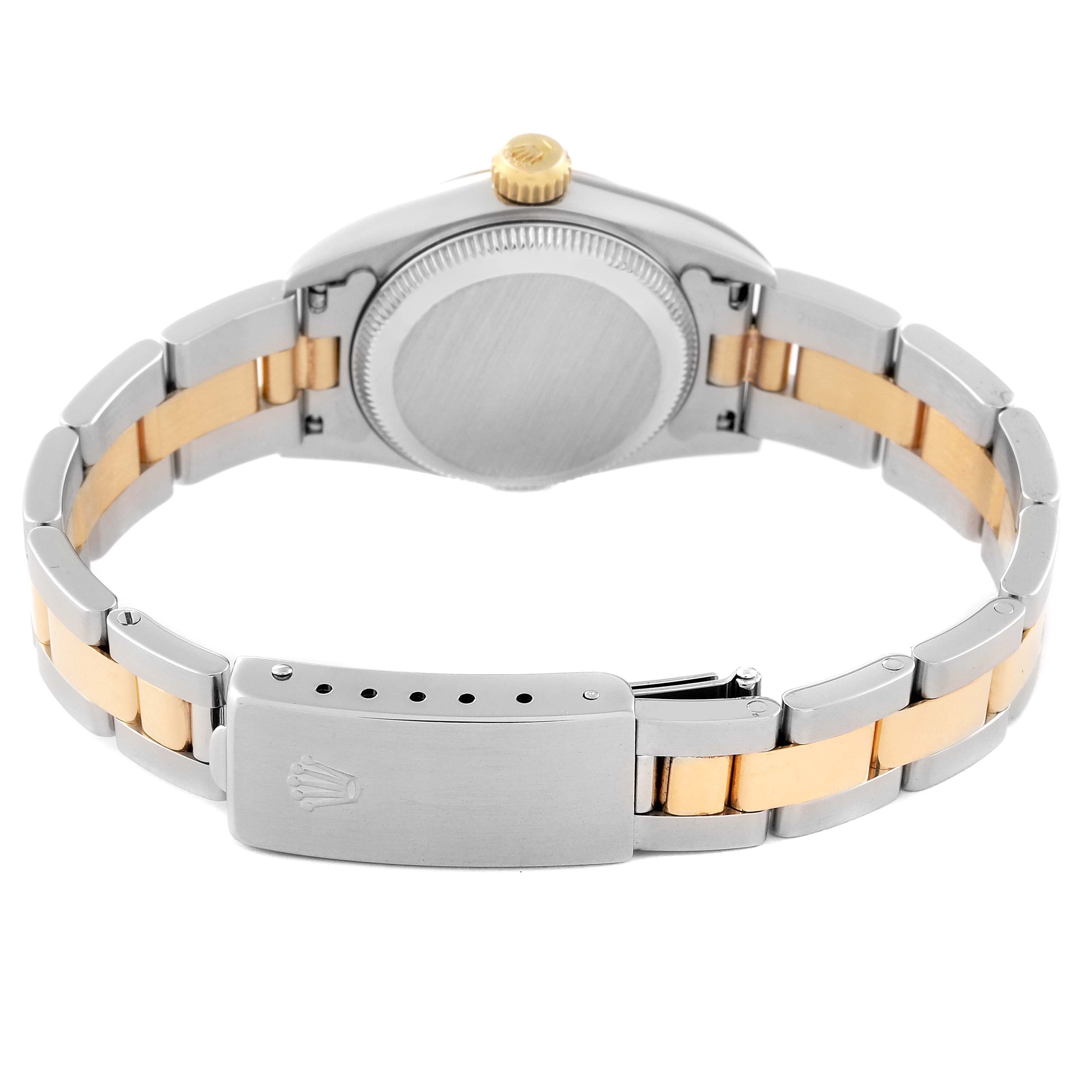 The image shows the back of a Rolex Oyster Perpetual 67183 Women's Steel and Gold (two tone) Silver Dial 67183 Women's Steel and Gold (two tone) Silver Dial watch, highlighting the clasp and two-tone bracelet.