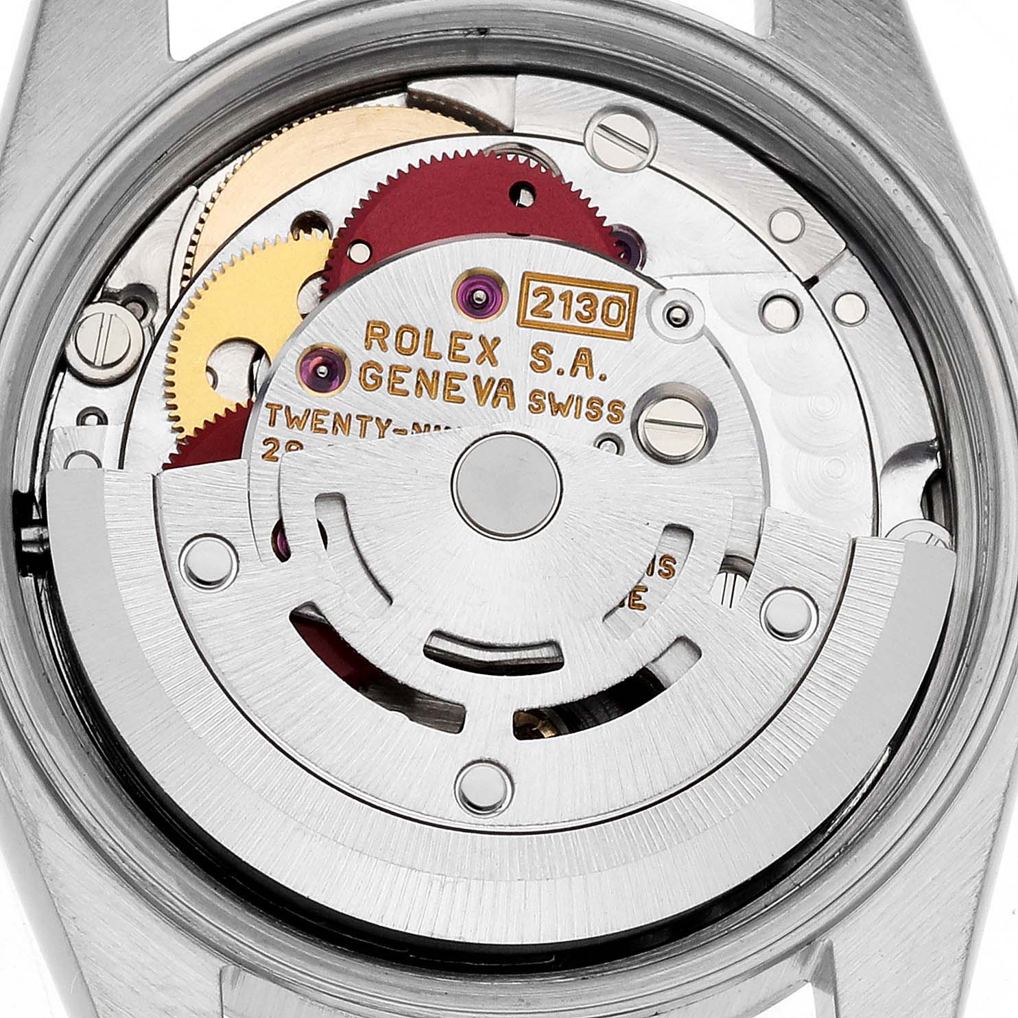 The image shows the back view of a Rolex Oyster Perpetual 67183 Women's Steel and Gold (two tone) Silver Dial 67183 Women's Steel and Gold (two tone) Silver Dial, displaying its intricate movement and rotor.