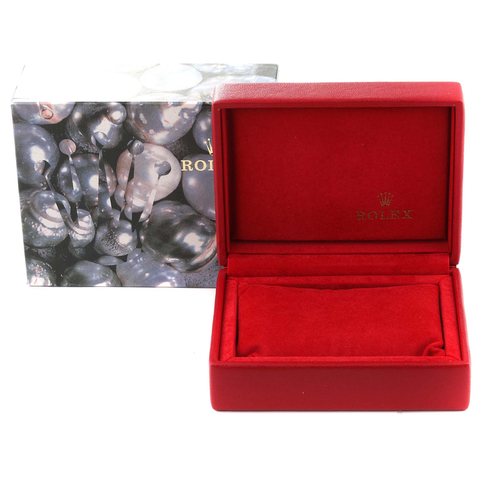 The image shows a red interior box and outer packaging for the Rolex Oyster Perpetual 67183 Women's Steel and Gold (two tone) Silver Dial 67183 Women's Steel and Gold (two tone) Silver Dial watch, with no watch visible.