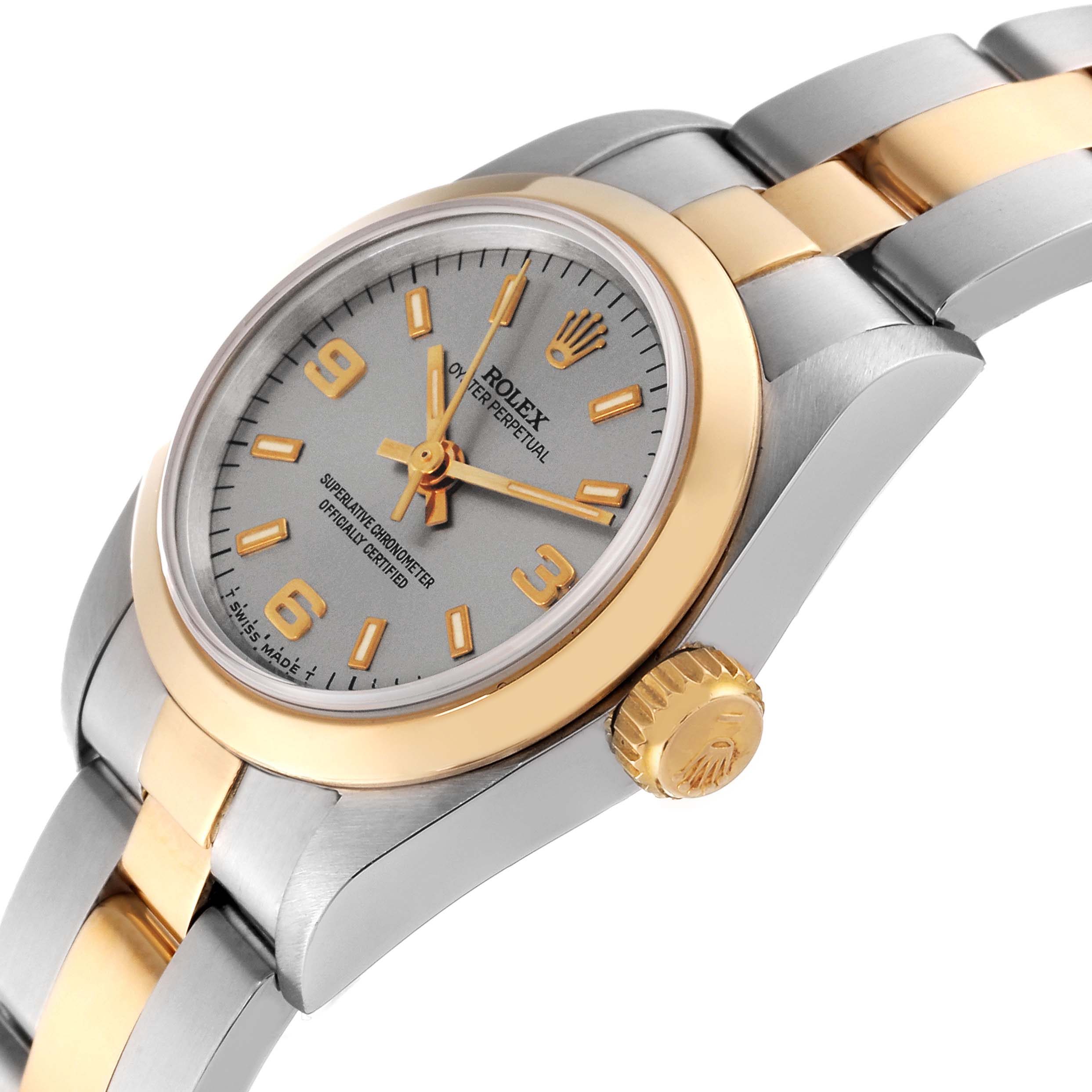 The image shows a side view of the Rolex Oyster Perpetual 67183 Women's Steel and Gold (two tone) Silver Dial 67183 Women's Steel and Gold (two tone) Silver Dial, highlighting the watch face, crown, and part of the bracelet.