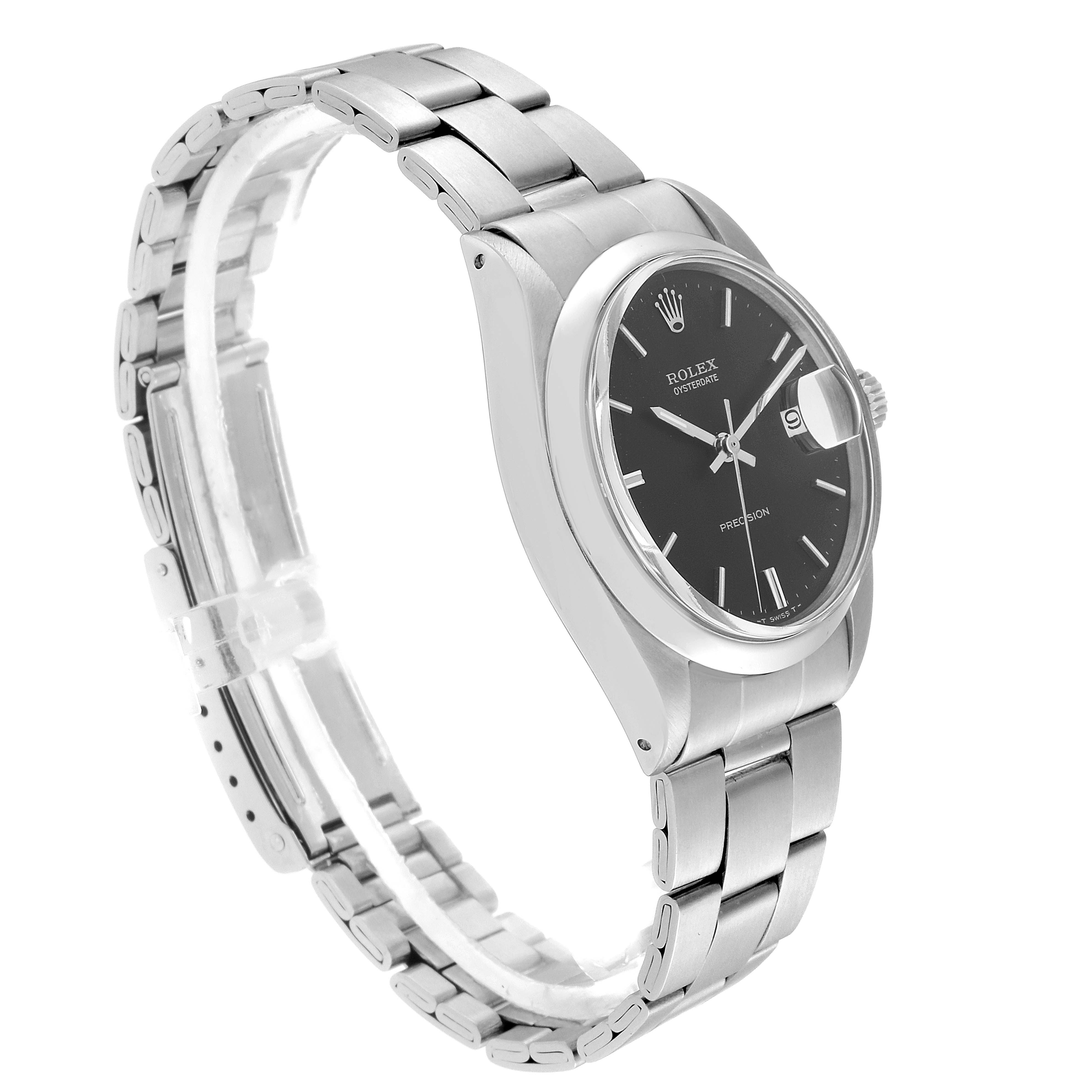 The image shows a Rolex Vintage Collection 6694 Men's Stainless Steel Black Dial 6694 Men's Stainless Steel Black Dial model watch at an angle highlighting its dial, case, and stainless steel bracelet.