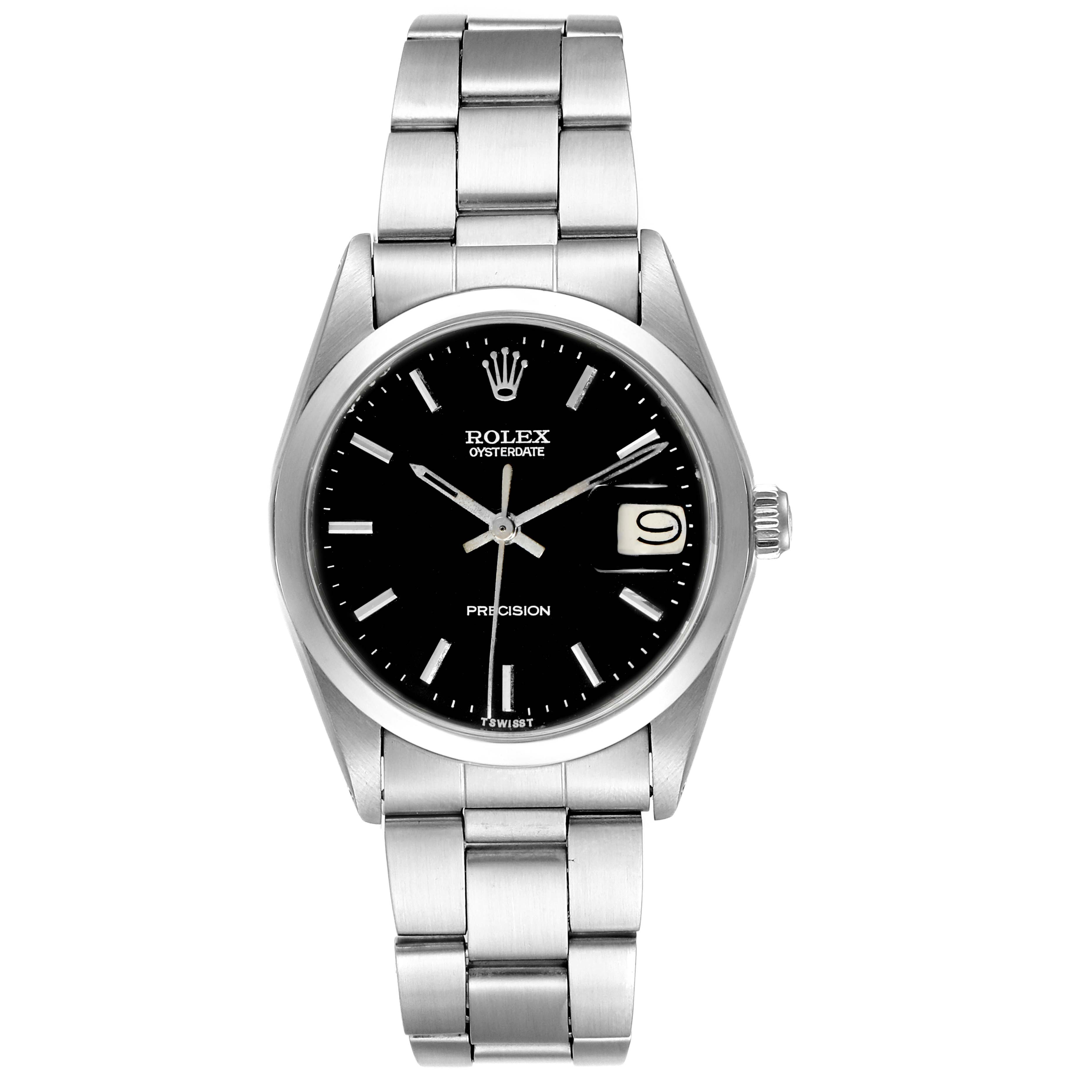 This image shows a front view of a Rolex Vintage Collection 6694 Men's Stainless Steel Black Dial 6694 Men's Stainless Steel Black Dial watch with a black dial and date display.