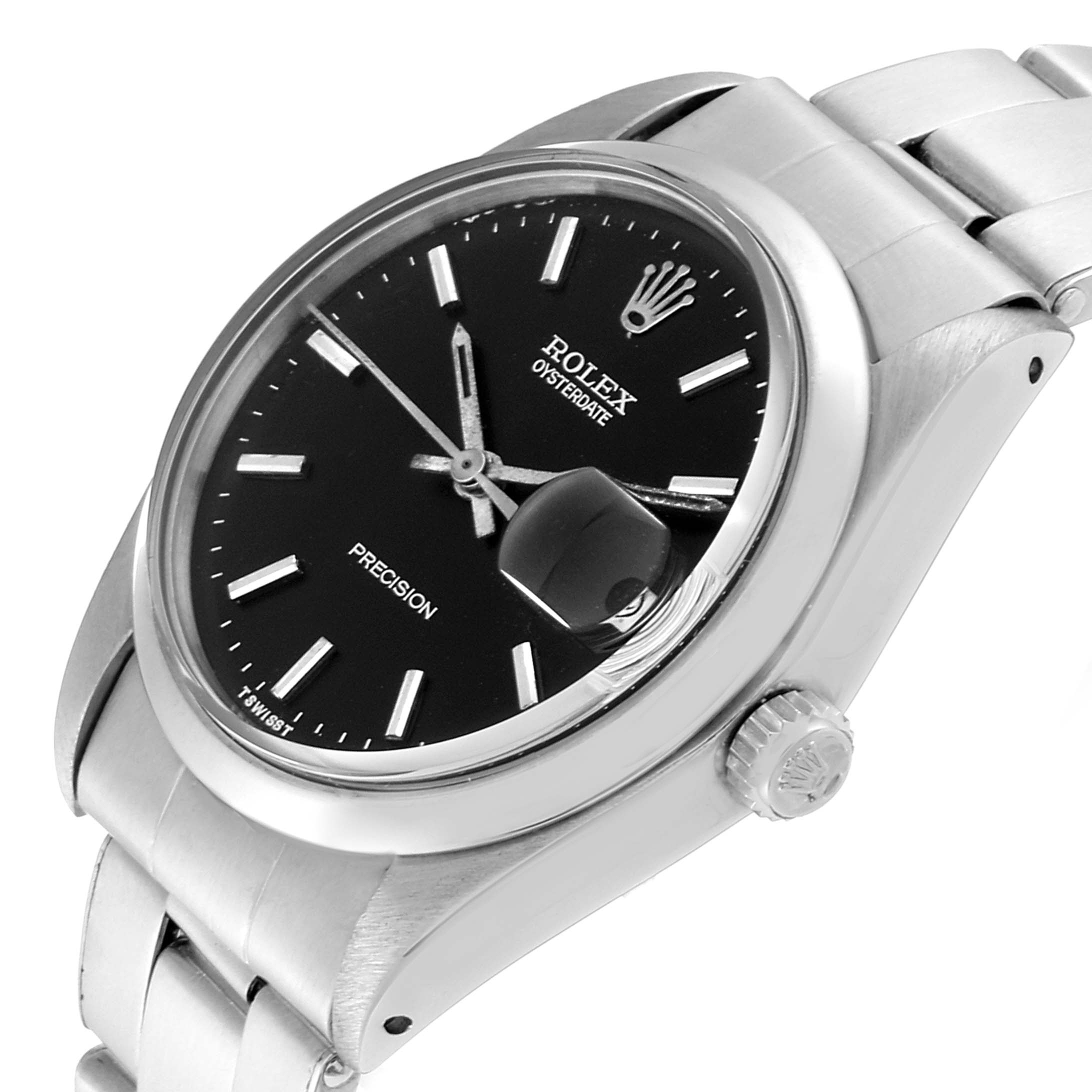 This image displays a side angle of the Rolex Vintage Collection 6694 Men's Stainless Steel Black Dial 6694 Men's Stainless Steel Black Dial watch, highlighting the face, crown, and part of the bracelet.