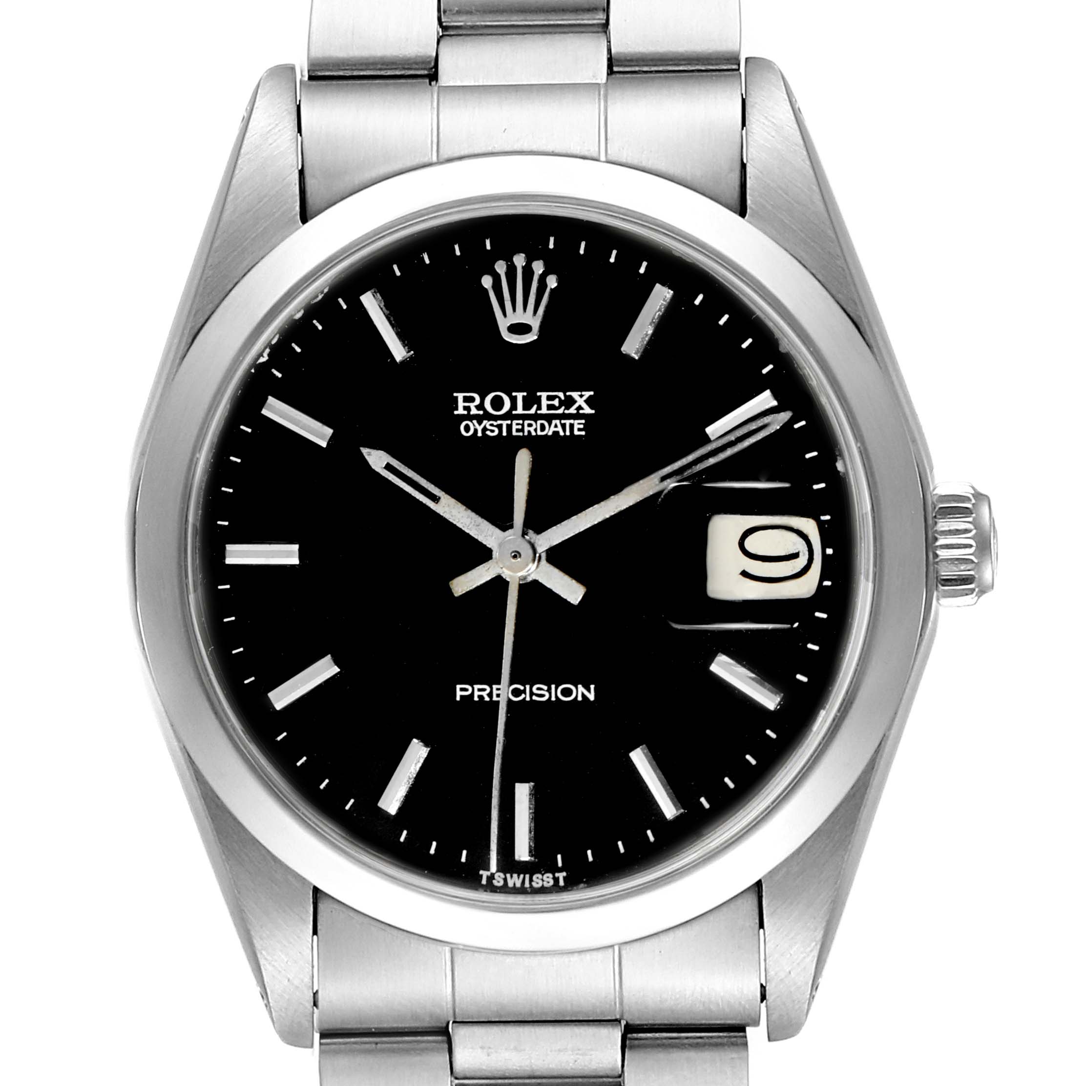 The image shows a front view of the Rolex Vintage Collection 6694 Men's Stainless Steel Black Dial 6694 Men's Stainless Steel Black Dial watch model, displaying the dial, hands, date, crown, and part of the bracelet.
