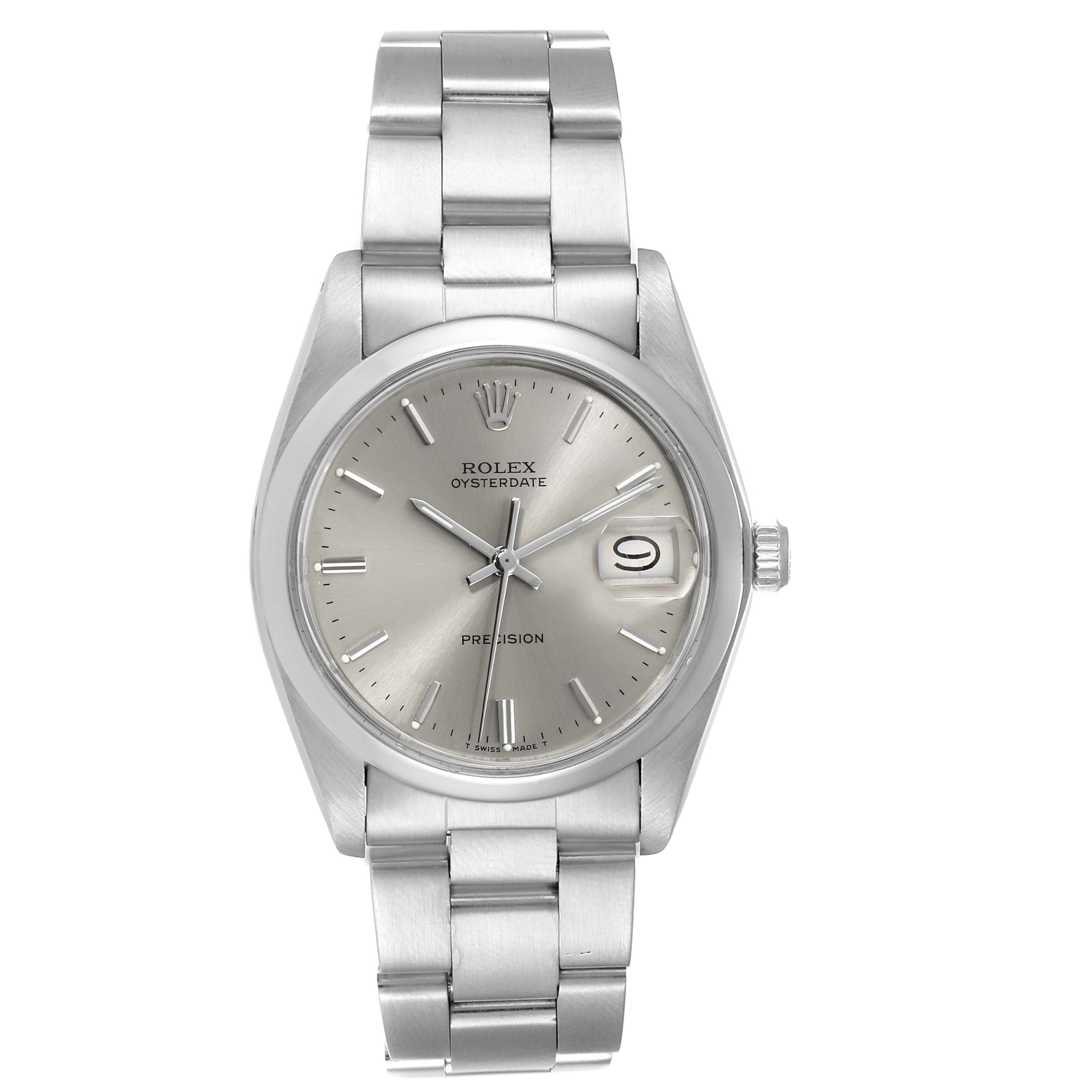 This image shows a front view of the Rolex Vintage Collection 6694 Men's Stainless Steel Silver Dial 6694 Men's Stainless Steel Silver Dial watch, featuring the dial, hands, bracelet, and date display.