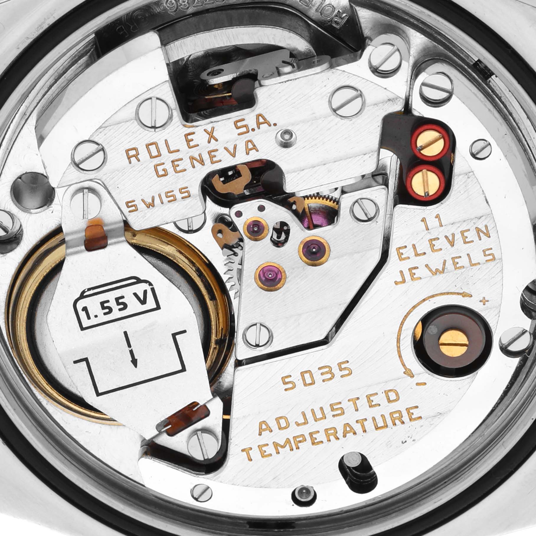 This image shows a close-up view of the movement and internal components of the Rolex Oysterquartz 17013 Men
s Steel and Gold (two tone) Silver Dial 17013 Men
s Steel and Gold (two tone) Silver Dial watch.