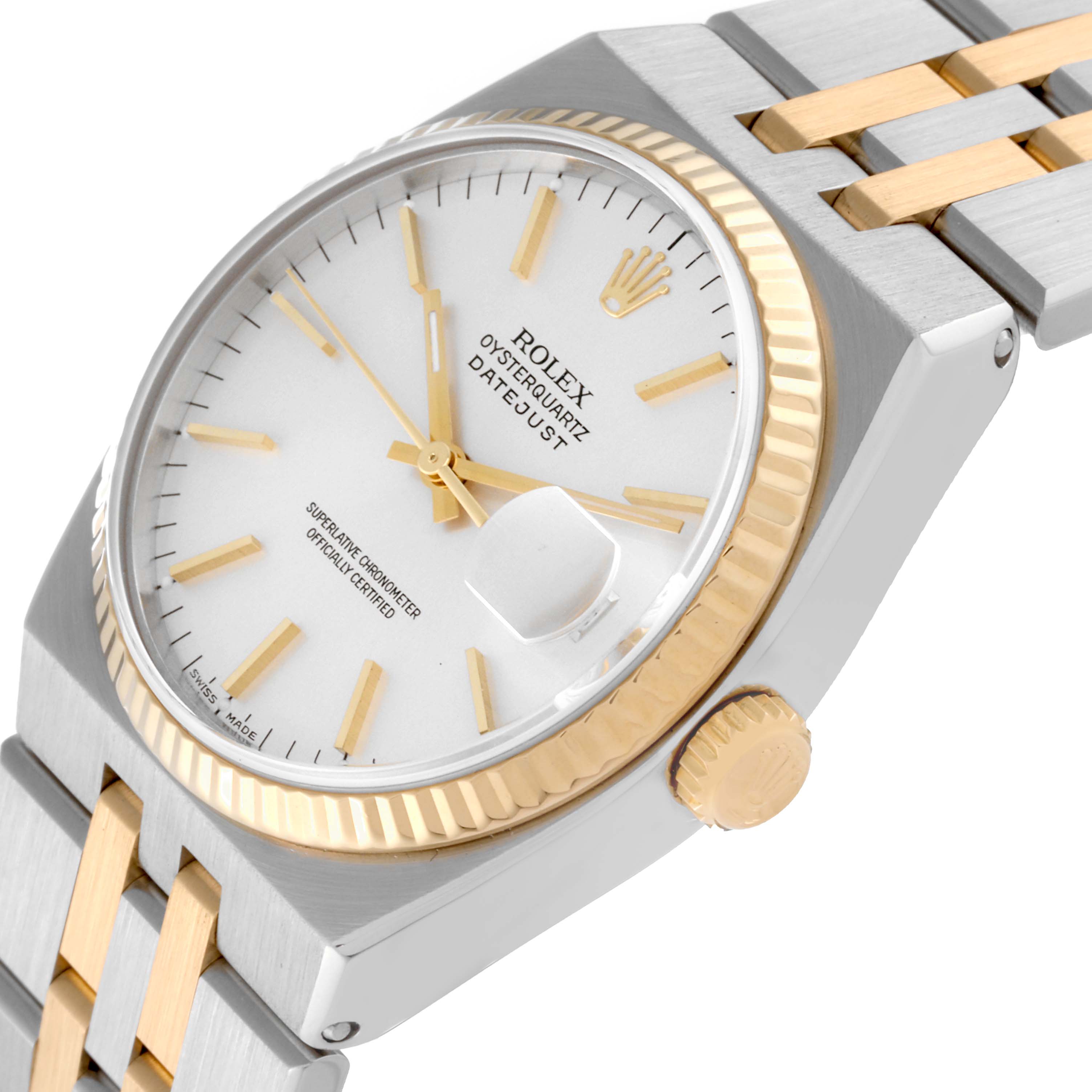 The Rolex Oysterquartz 17013 Men
s Steel and Gold (two tone) Silver Dial 17013 Men
s Steel and Gold (two tone) Silver Dial watch is shown at a three-quarter angle, displaying the dial, crown, and part of the bracelet.