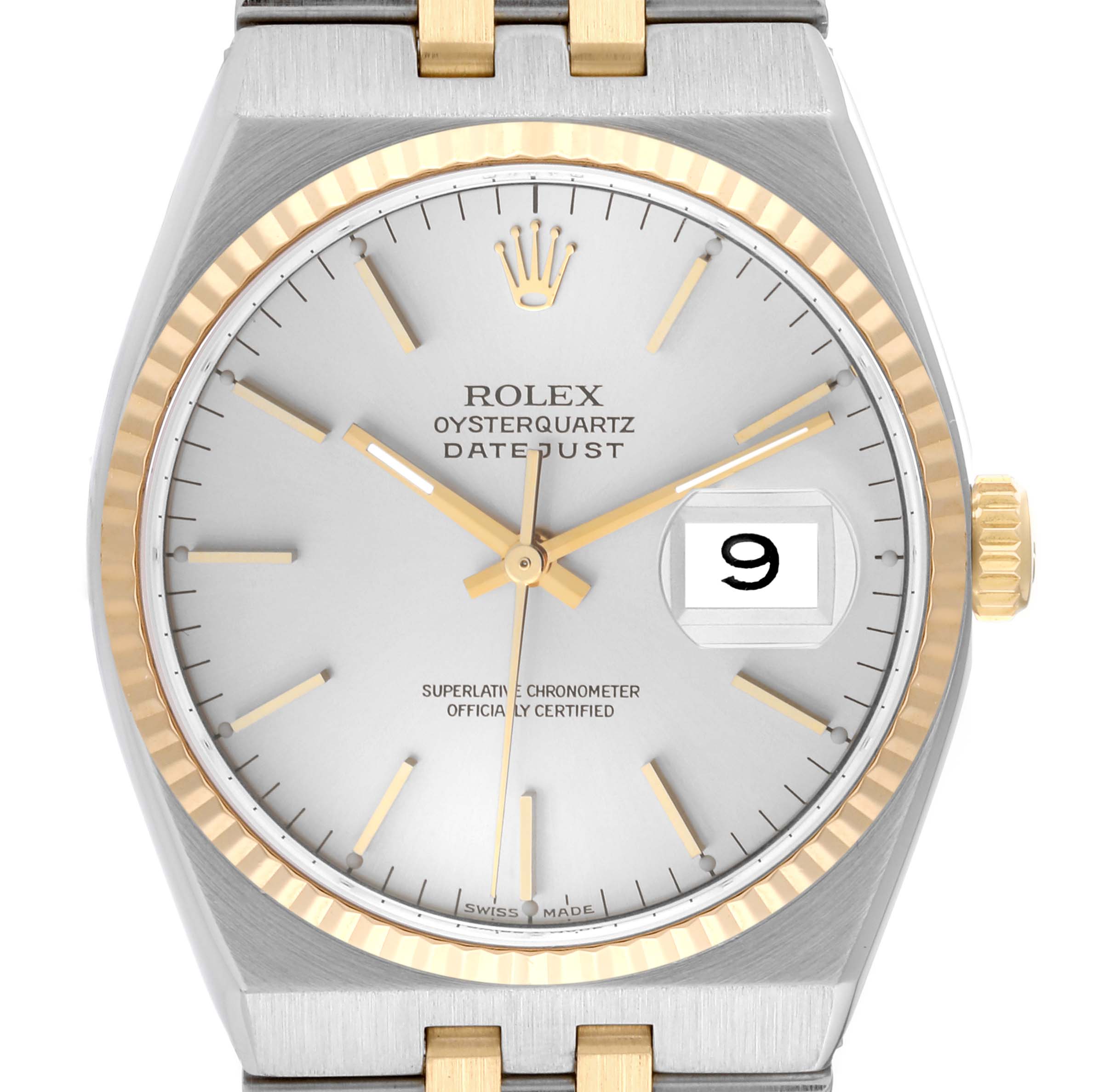 The image shows a front view of a Rolex Oysterquartz 17013 Men
s Steel and Gold (two tone) Silver Dial 17013 Men
s Steel and Gold (two tone) Silver Dial Datejust watch, highlighting its dial, date window, bezel, and crown.