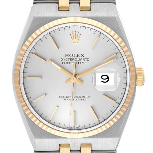 The image shows a front view of a Rolex Oysterquartz Datejust watch, highlighting its dial, hands, bezel, and bracelet.