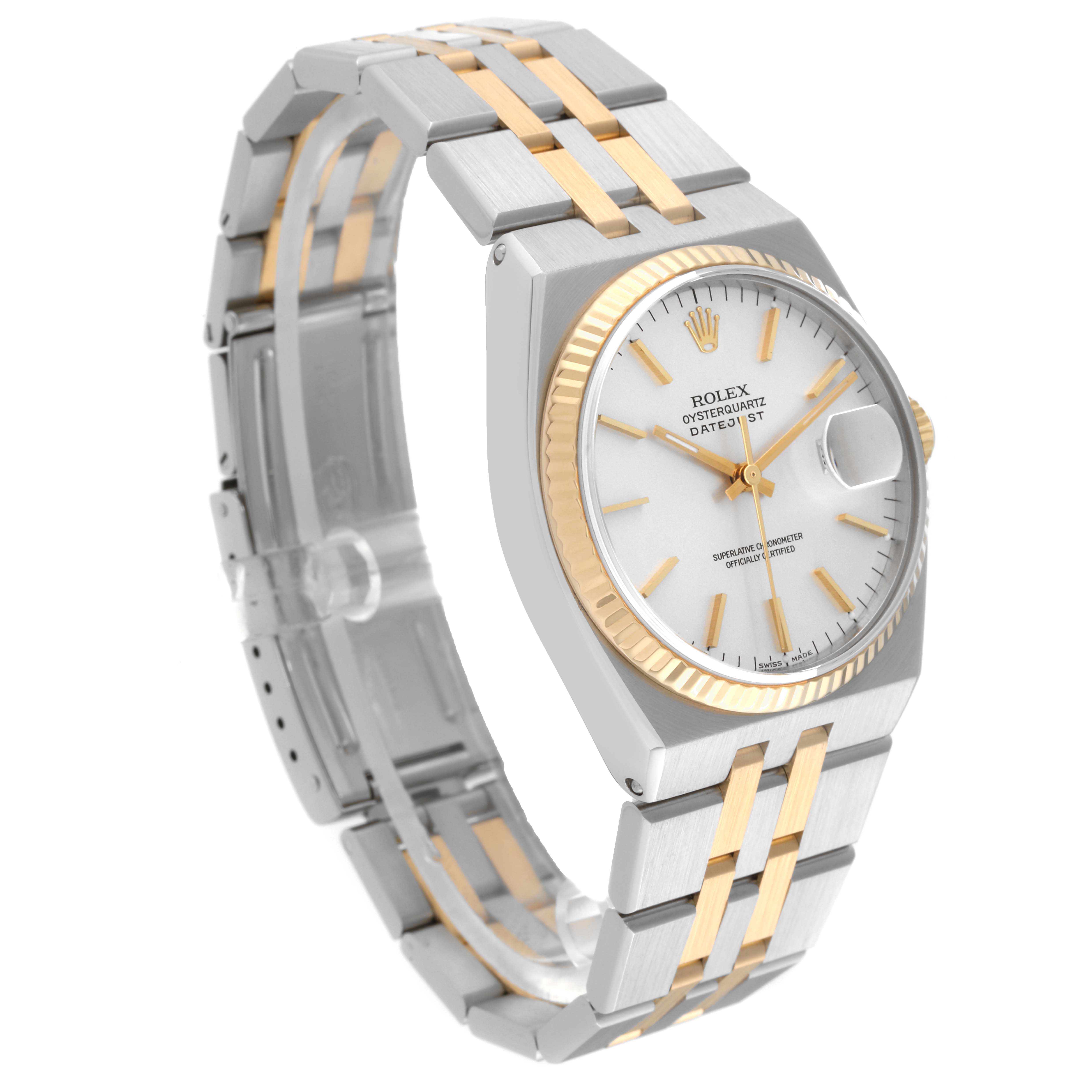 The image shows a Rolex Oysterquartz 17013 Men
s Steel and Gold (two tone) Silver Dial 17013 Men
s Steel and Gold (two tone) Silver Dial watch at a three-quarter angle, highlighting the bracelet, dial, and case.