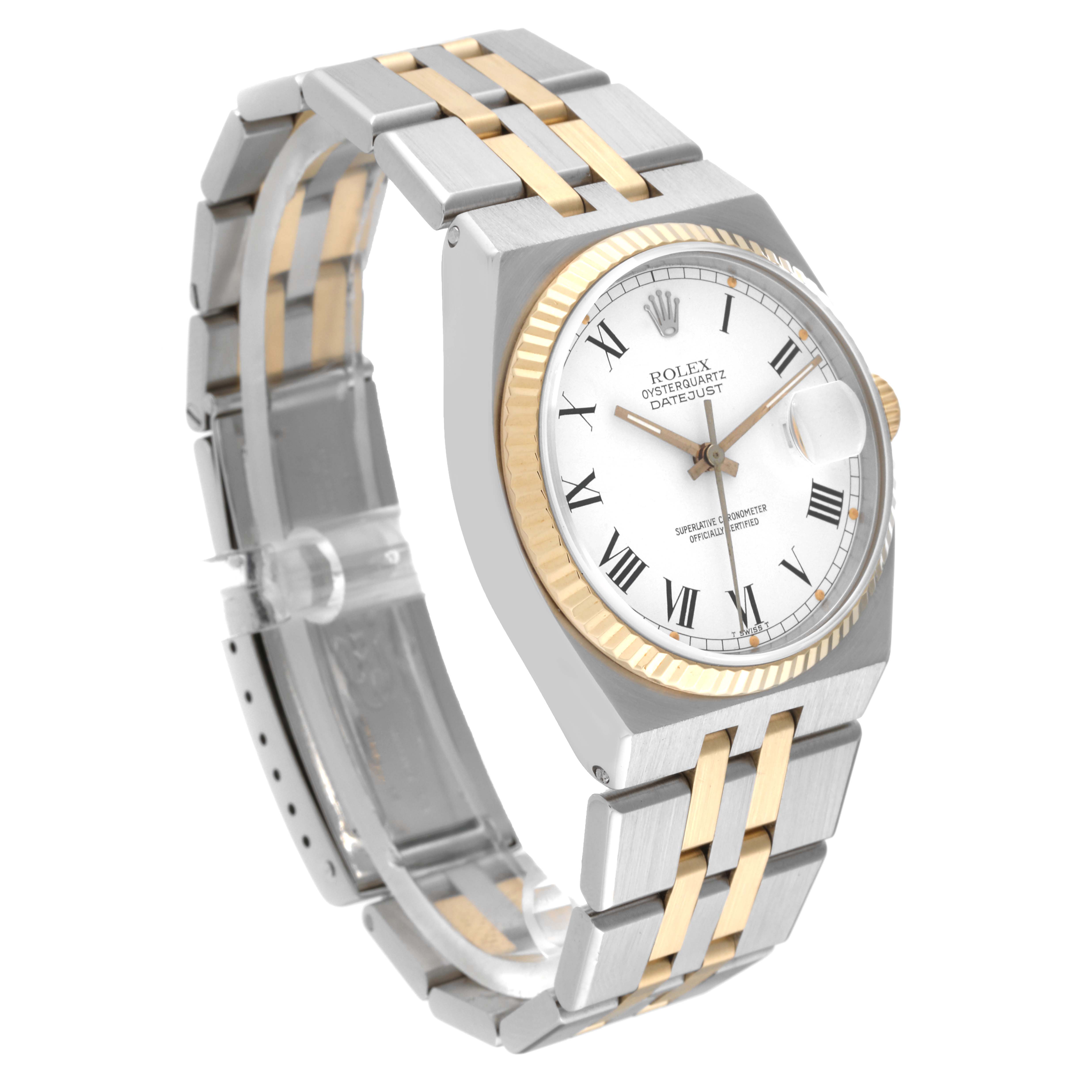 The image shows a Rolex Oysterquartz 17013 Men
s Steel and Gold (two tone) White Dial 17013 Men
s Steel and Gold (two tone) White Dial model at an angled side view, highlighting the dial, bezel, and two-tone bracelet.