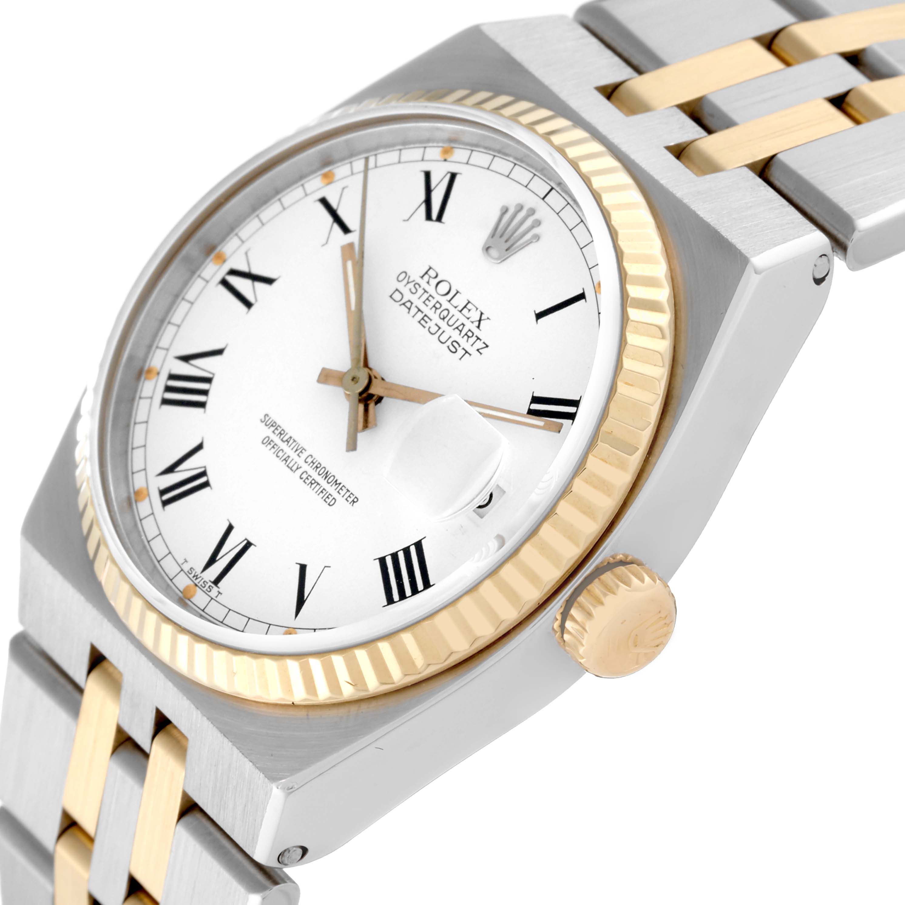 The image shows a side angle of the Rolex Oysterquartz 17013 Men
s Steel and Gold (two tone) White Dial 17013 Men
s Steel and Gold (two tone) White Dial watch, highlighting its bezel, crown, and two-tone bracelet.
