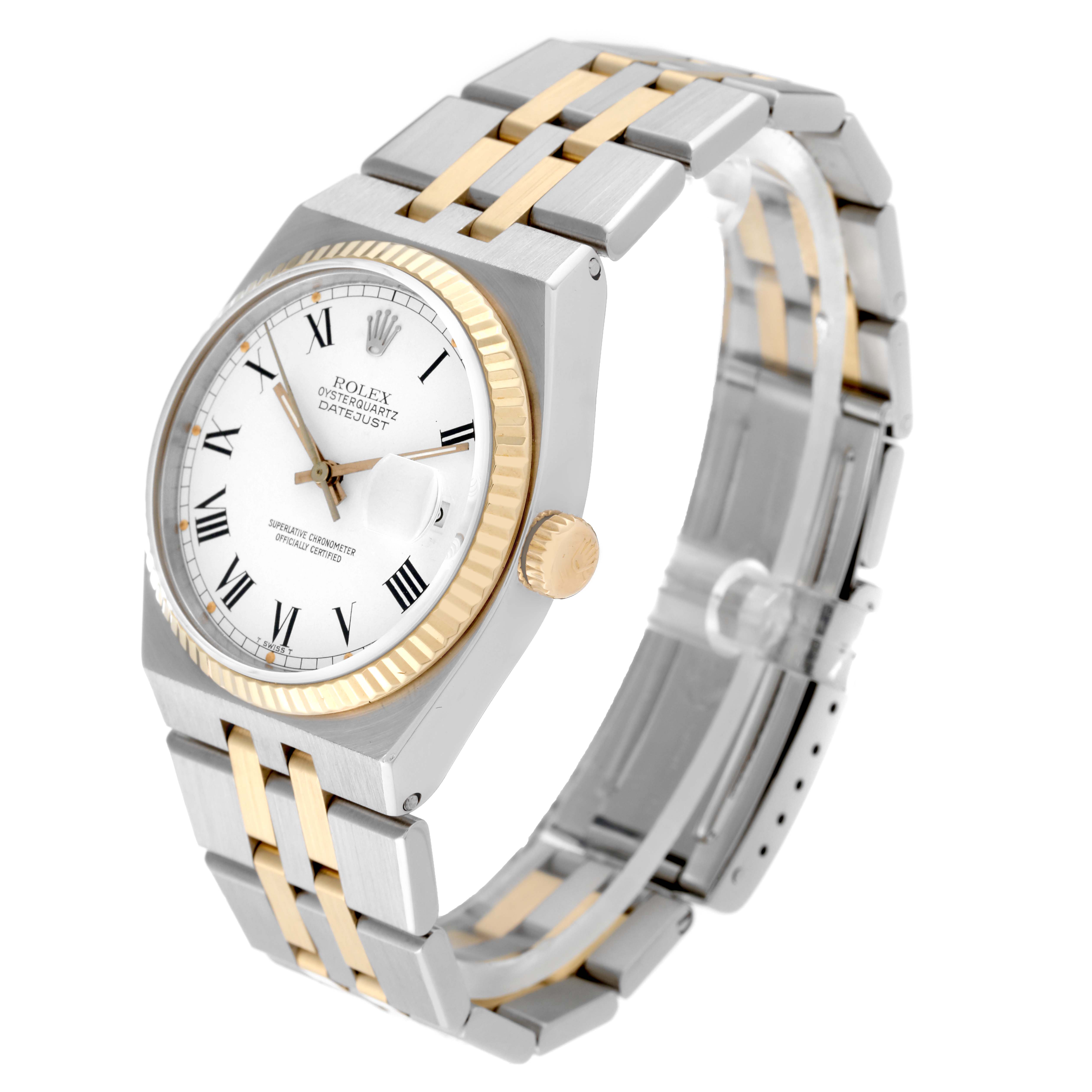 The Oysterquartz Rolex watch is shown at a three-quarter angle, highlighting its two-tone metal bracelet, bezel, and face.
