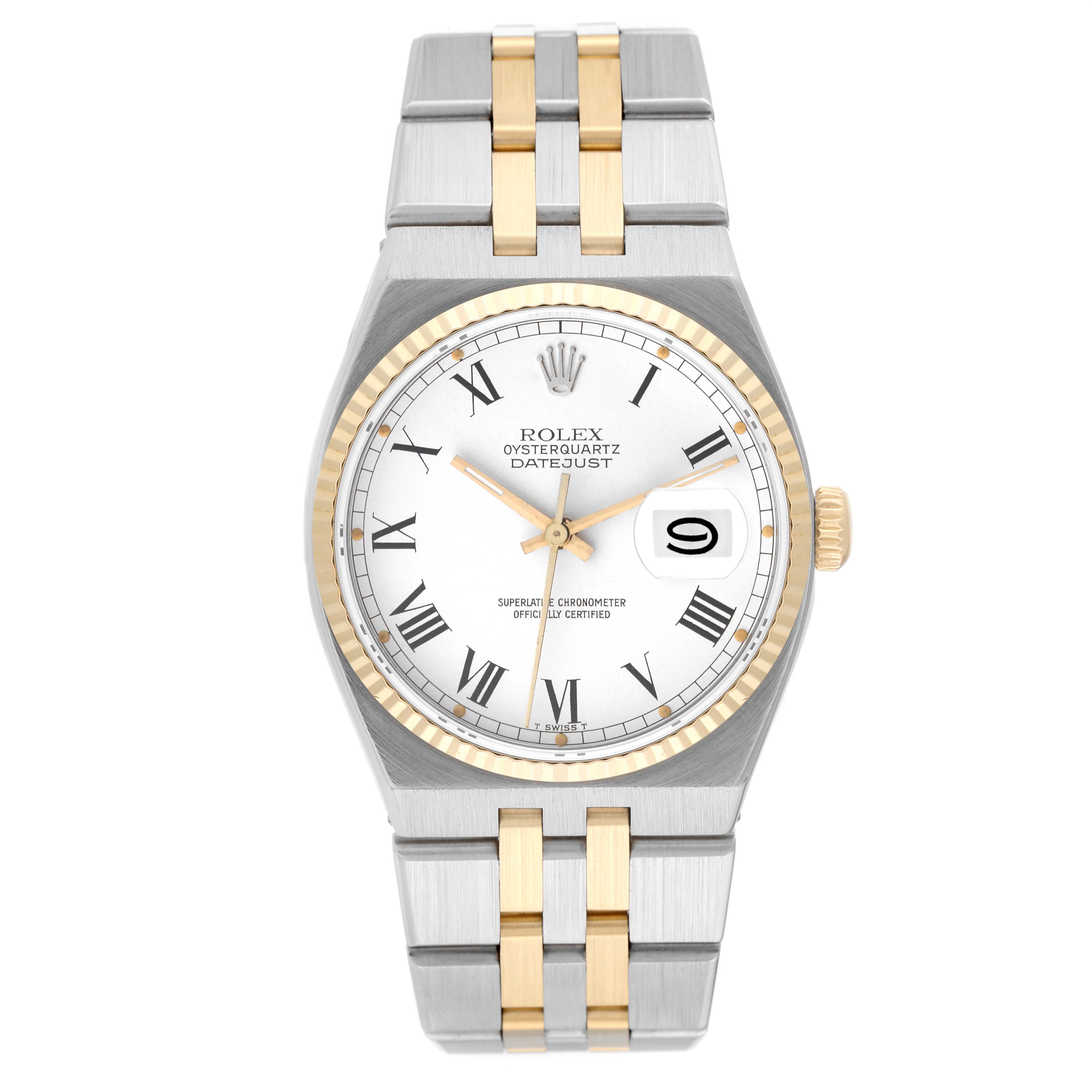 The Rolex Oysterquartz 17013 Men
s Steel and Gold (two tone) White Dial 17013 Men
s Steel and Gold (two tone) White Dial watch is shown from the front, displaying the dial, case, and bracelet.