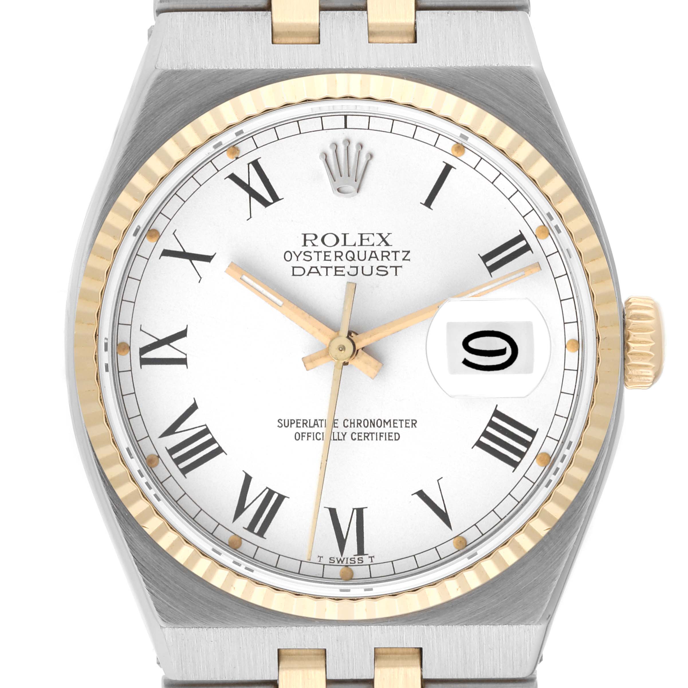 This image shows a front view of a Rolex Oysterquartz 17013 Men
s Steel and Gold (two tone) White Dial 17013 Men
s Steel and Gold (two tone) White Dial Datejust watch, highlighting the dial, hands, date window, and part of the bracelet.