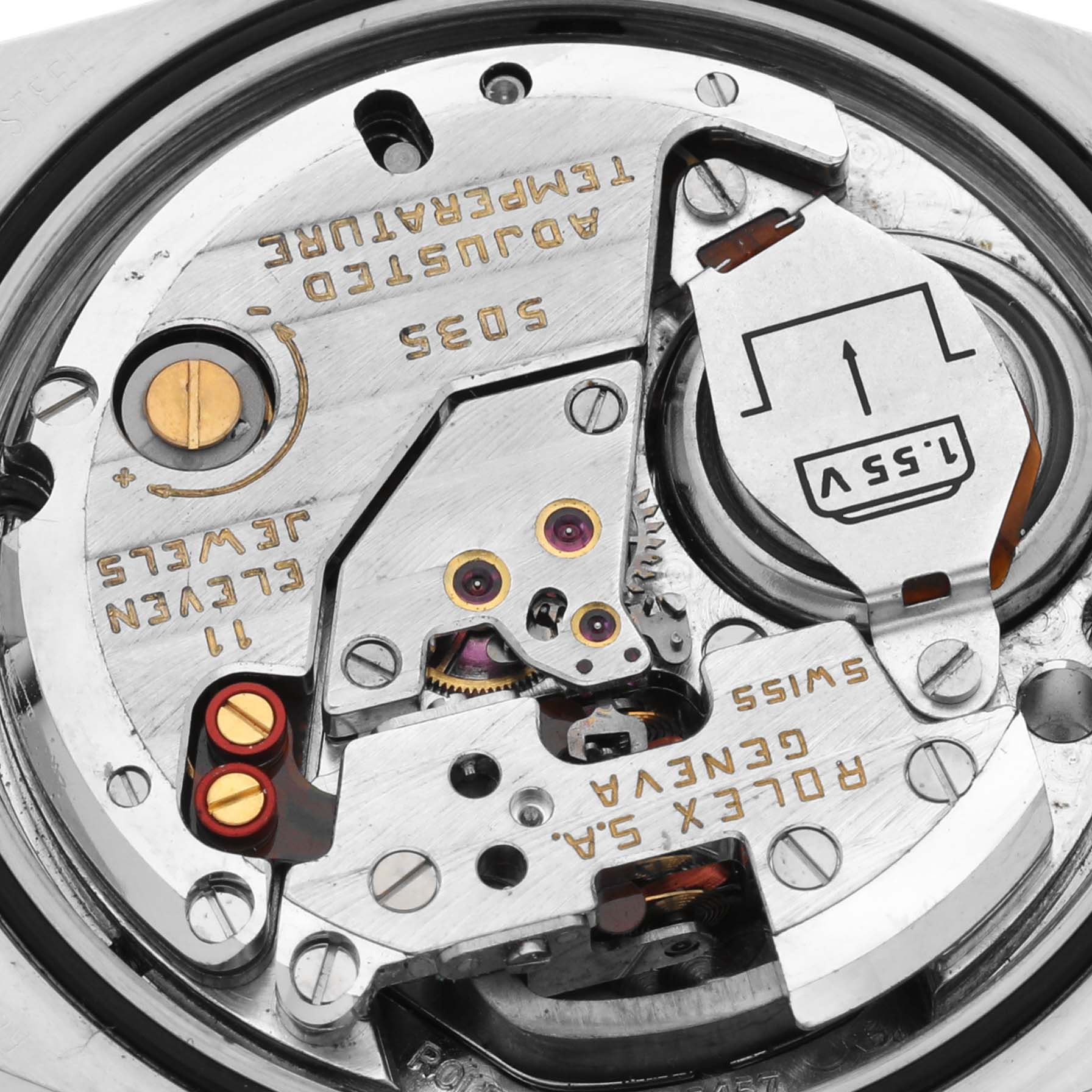 This image shows the movement mechanism from the back side of a Rolex Oysterquartz 17013 Men
s Steel and Gold (two tone) White Dial 17013 Men
s Steel and Gold (two tone) White Dial watch, highlighting gears and other components.