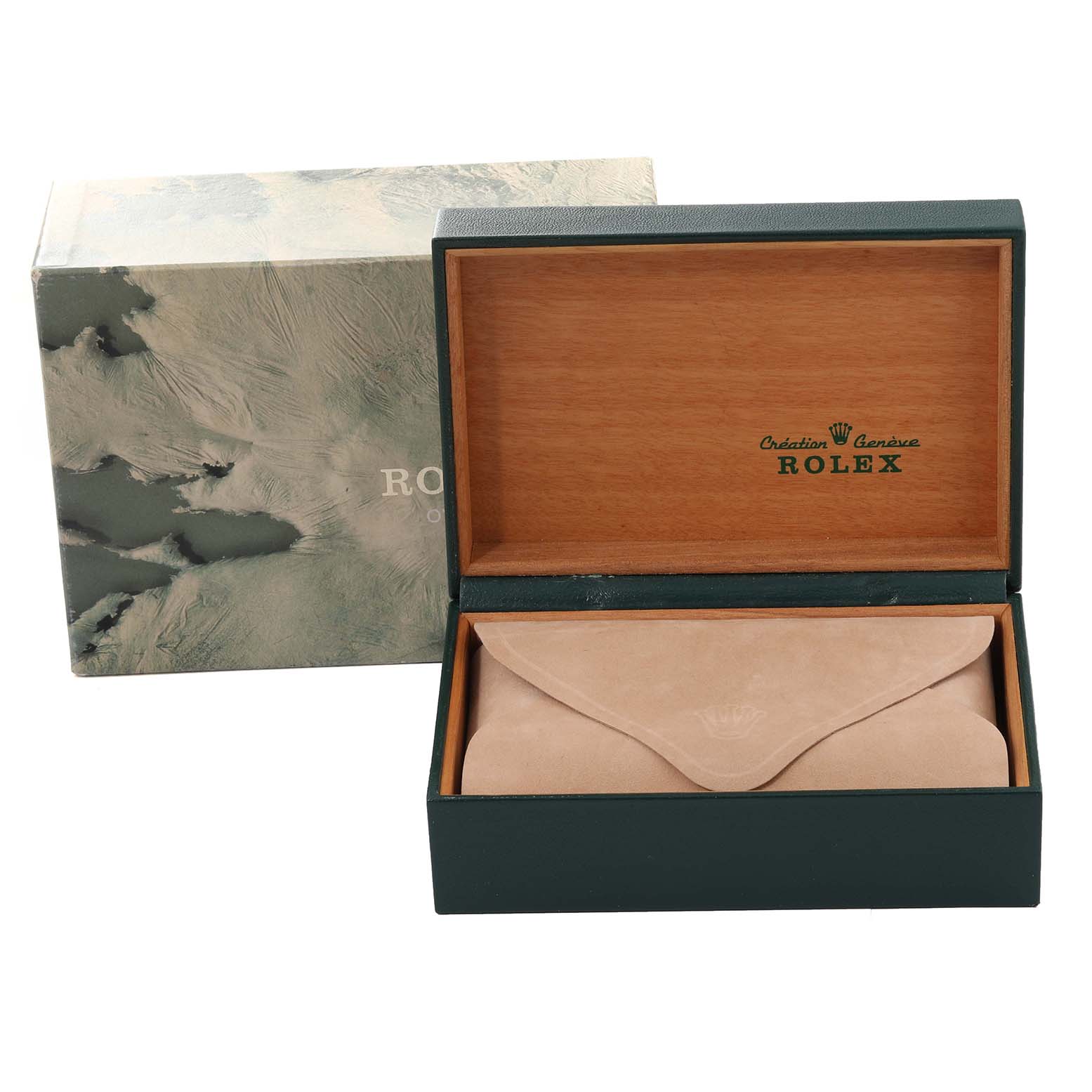 The image shows the packaging of a Rolex Oysterquartz 17013 Men
s Steel and Gold (two tone) White Dial 17013 Men
s Steel and Gold (two tone) White Dial, including the outer box, inner wooden box, and a suede pouch.