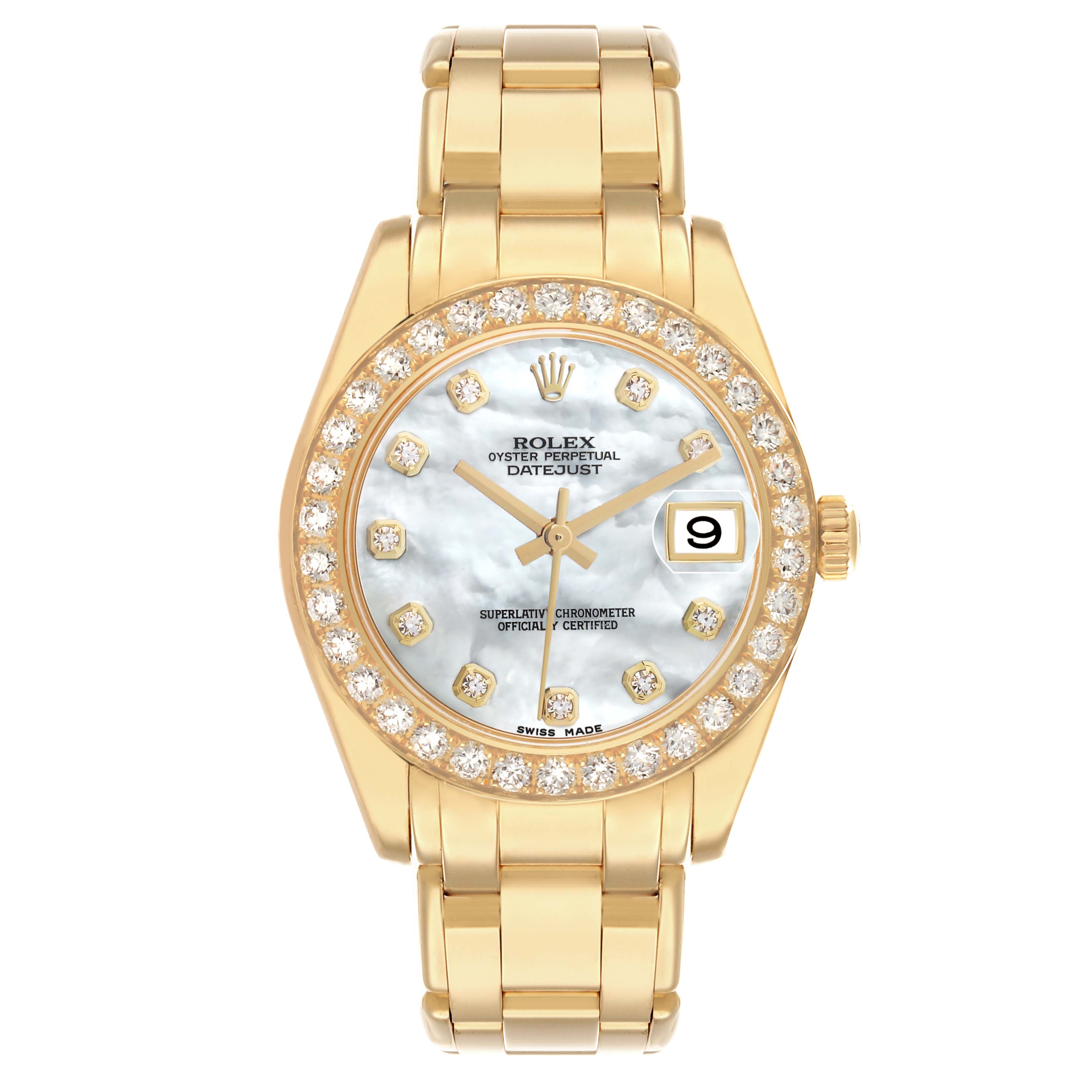 The Rolex Pearlmaster 81298 Women
s Yellow Gold Mother of Pearl Dial watch is shown from a front angle, highlighting its dial, bezel, bracelet, and crown.