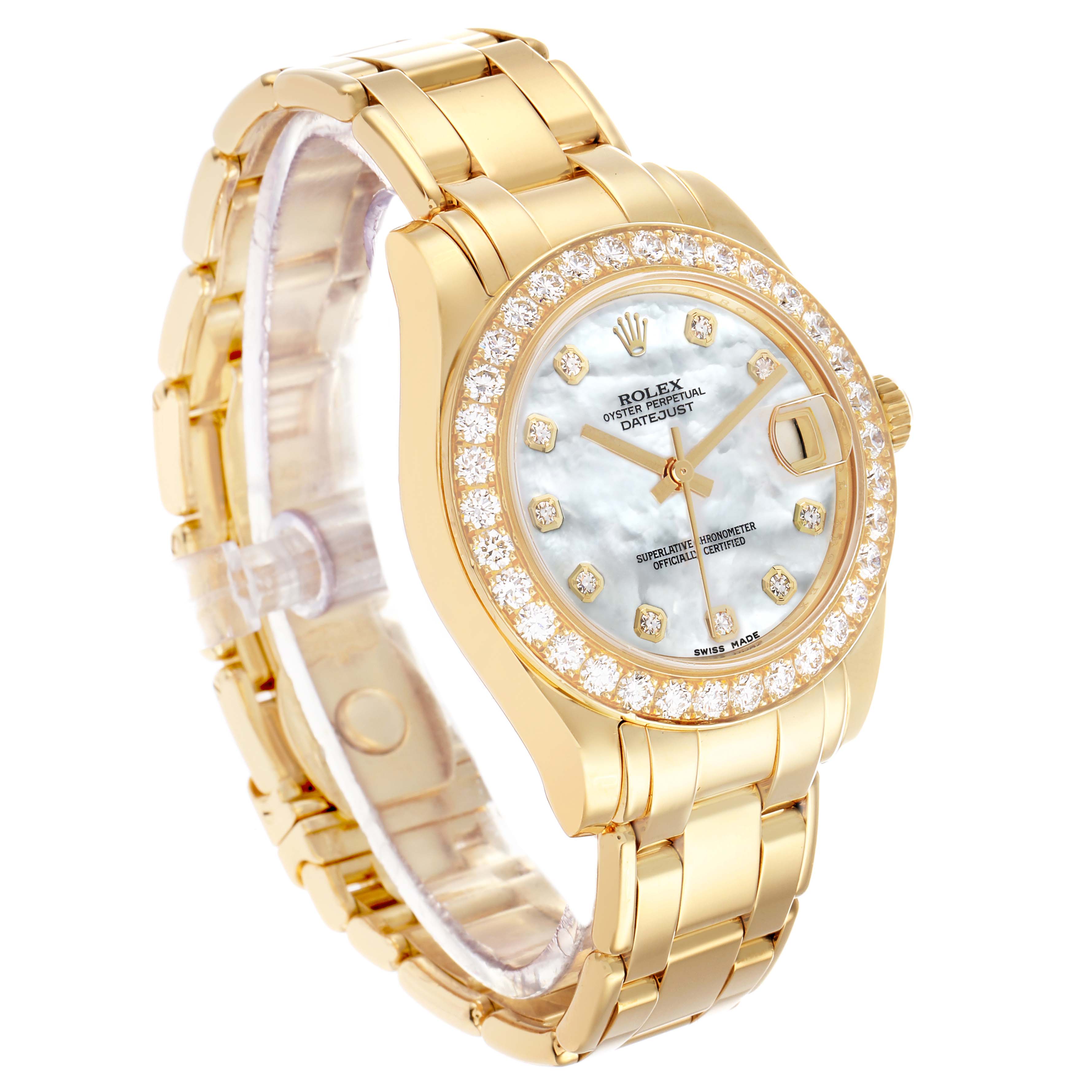 The Rolex Pearlmaster 81298 Women
s Yellow Gold Mother of Pearl Dial watch is shown at a three-quarter angle, highlighting its gold bracelet, diamond-set bezel, and mother-of-pearl dial.