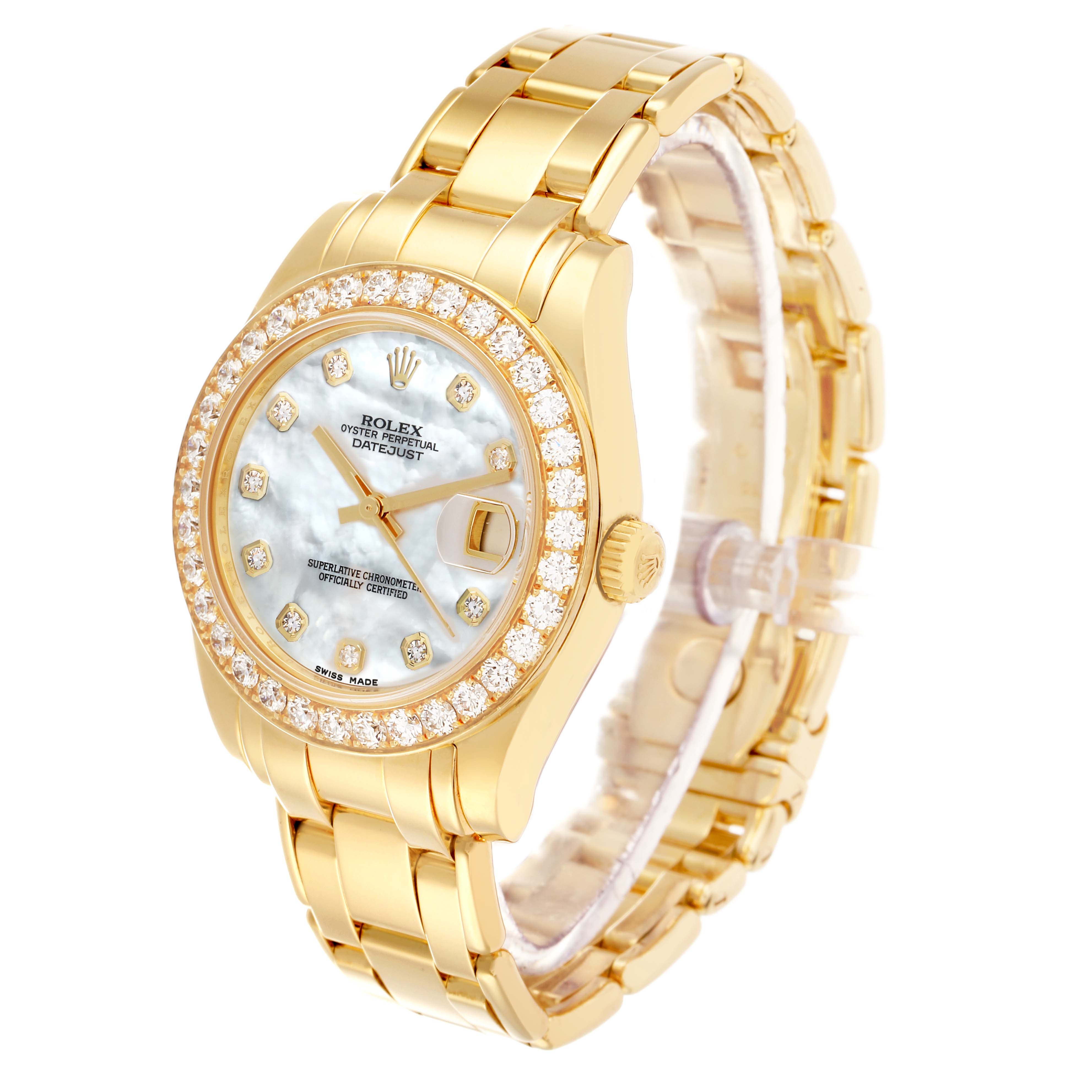 The Rolex Pearlmaster 81298 Women
s Yellow Gold Mother of Pearl Dial watch is shown at a slight angle, displaying its face, bezel, bracelet, and crown prominently.