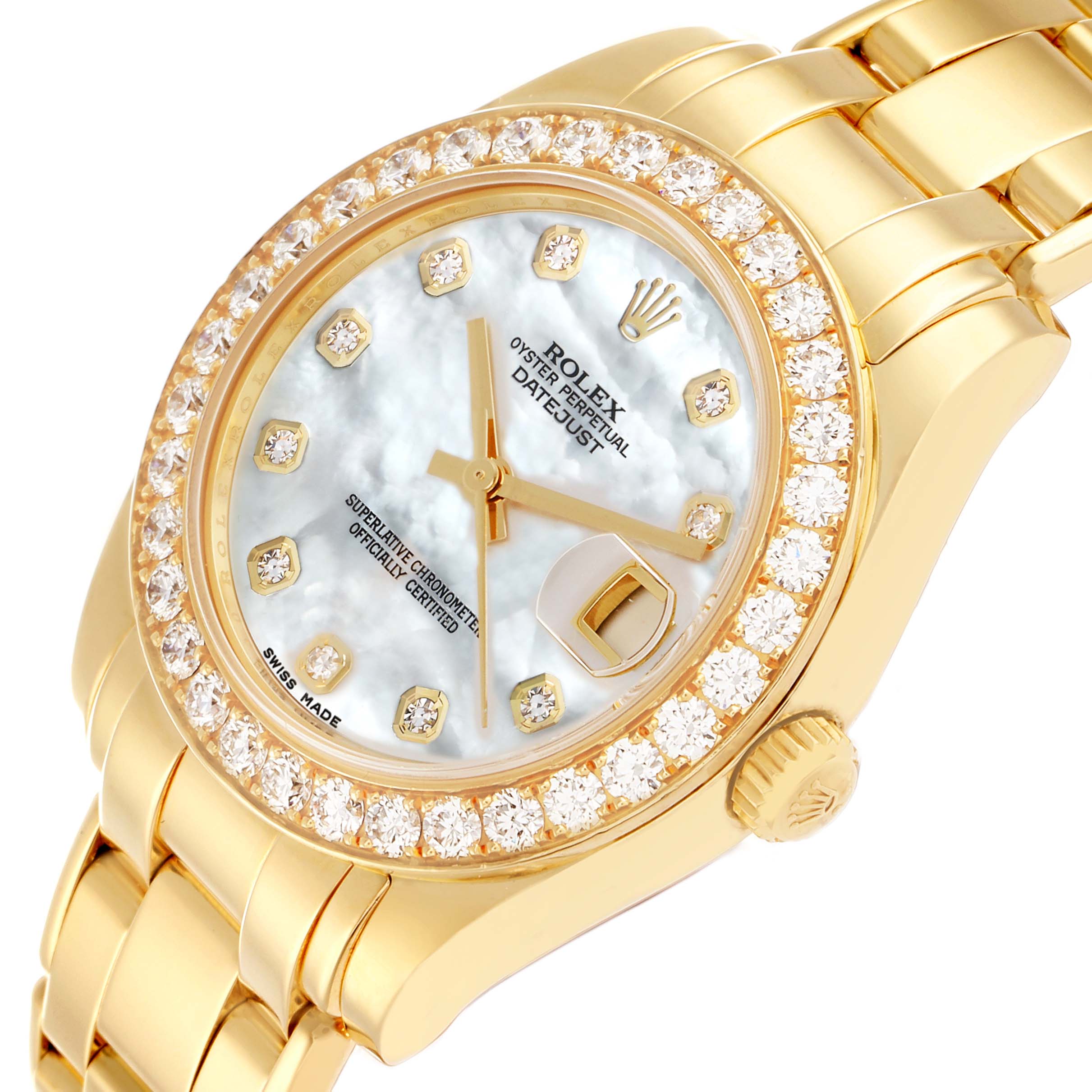 The Rolex Pearlmaster 81298 Women
s Yellow Gold Mother of Pearl Dial watch is shown at an angled view, highlighting the diamond bezel, mother-of-pearl dial, and gold bracelet.