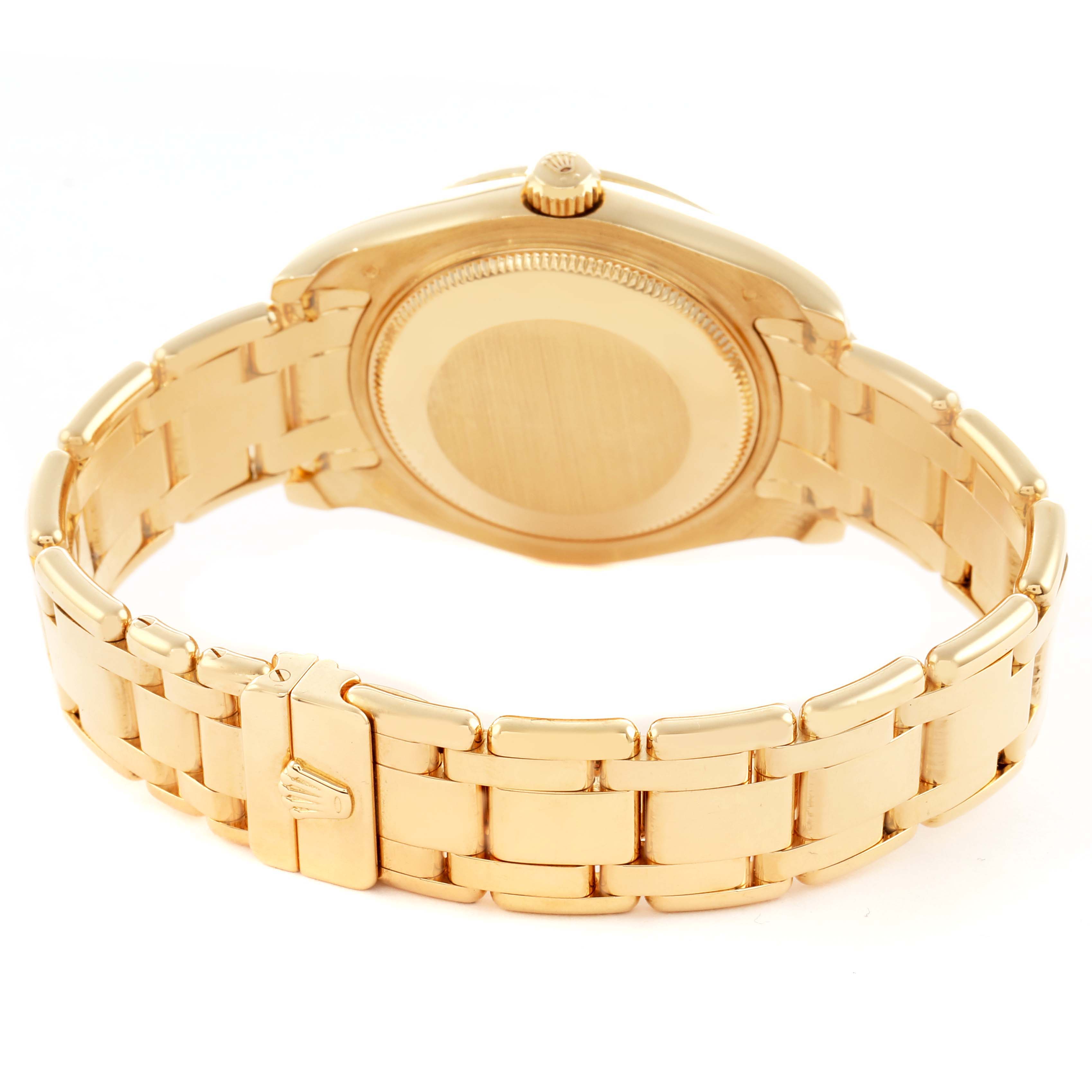 The image shows the back and gold bracelet of a Rolex Pearlmaster 81298 Women
s Yellow Gold Mother of Pearl Dial, highlighting the clasp and crown at an angled view.