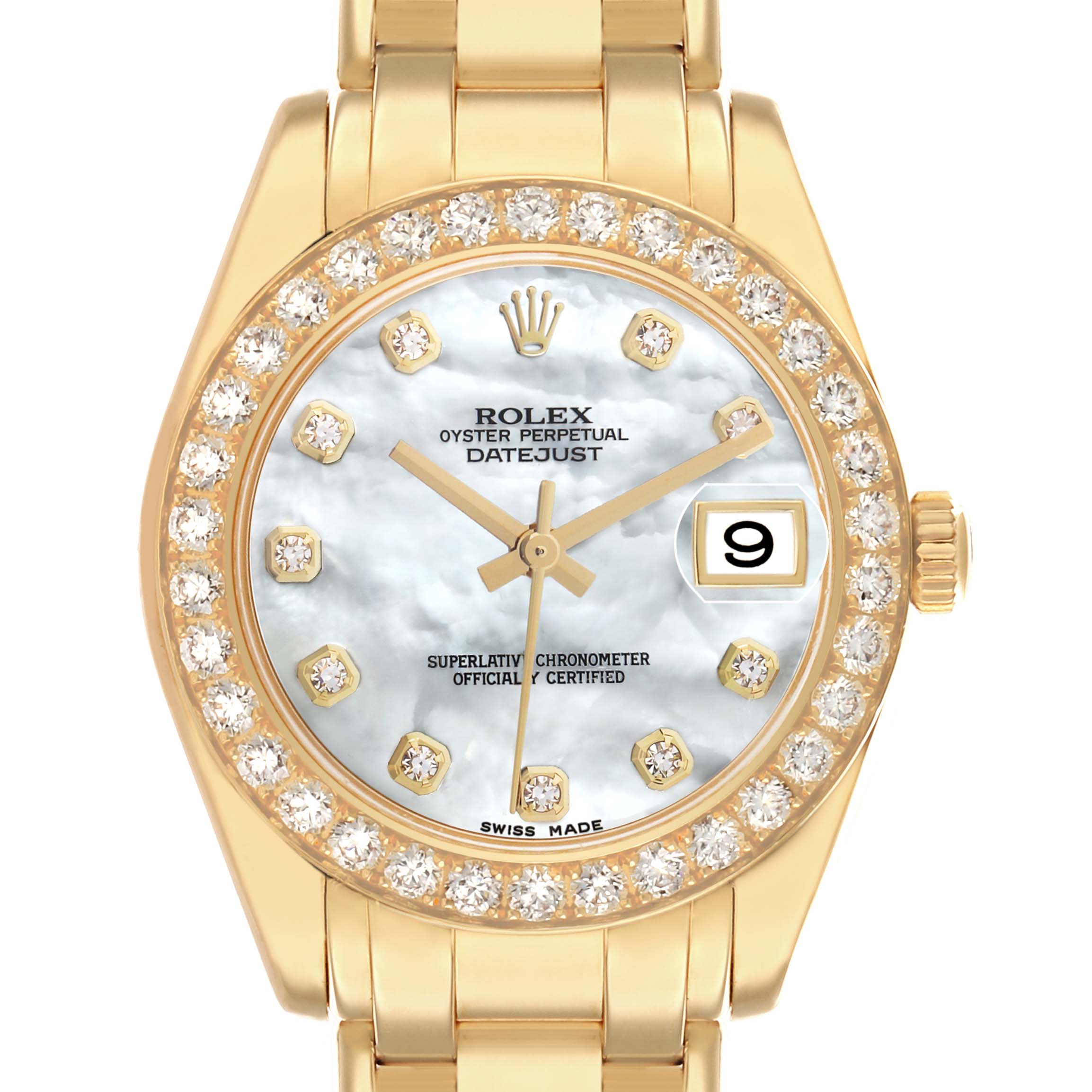 The image shows a Rolex Pearlmaster 81298 Women
s Yellow Gold Mother of Pearl Dial watch front view, highlighting its diamond bezel, mother-of-pearl dial, and gold bracelet.