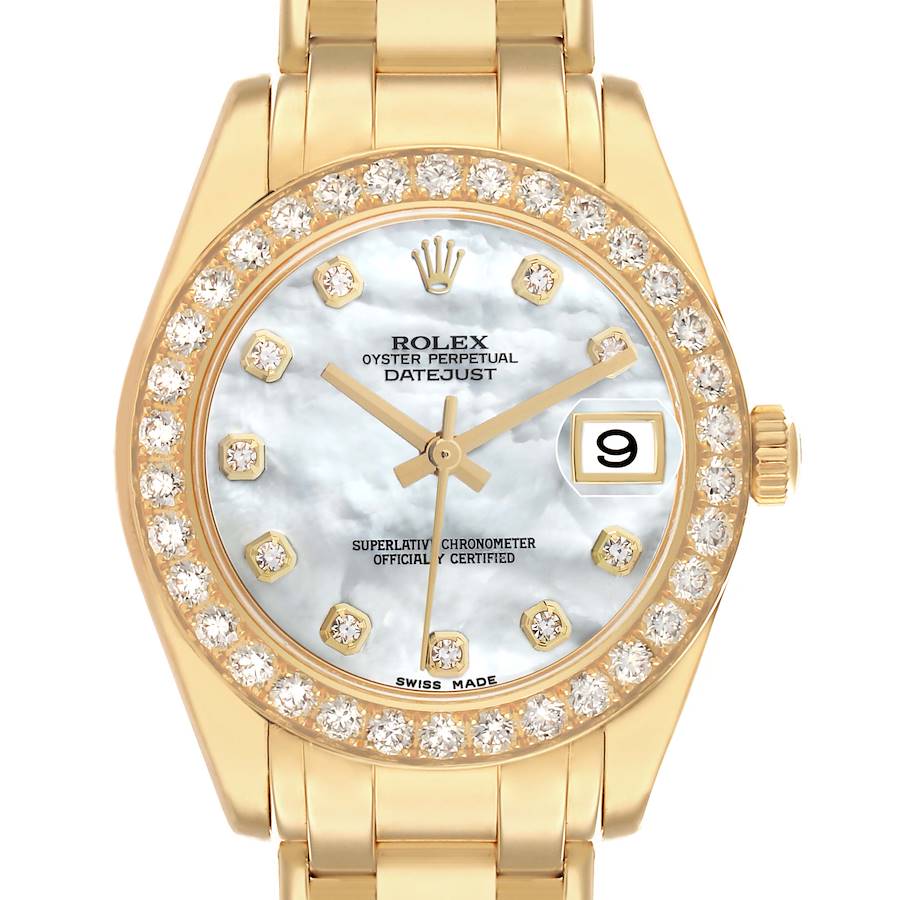 The image shows a Rolex Pearlmaster 81298 Women's Yellow Gold Mother of Pearl Dial watch front view, highlighting its diamond bezel, mother-of-pearl dial, and gold bracelet.